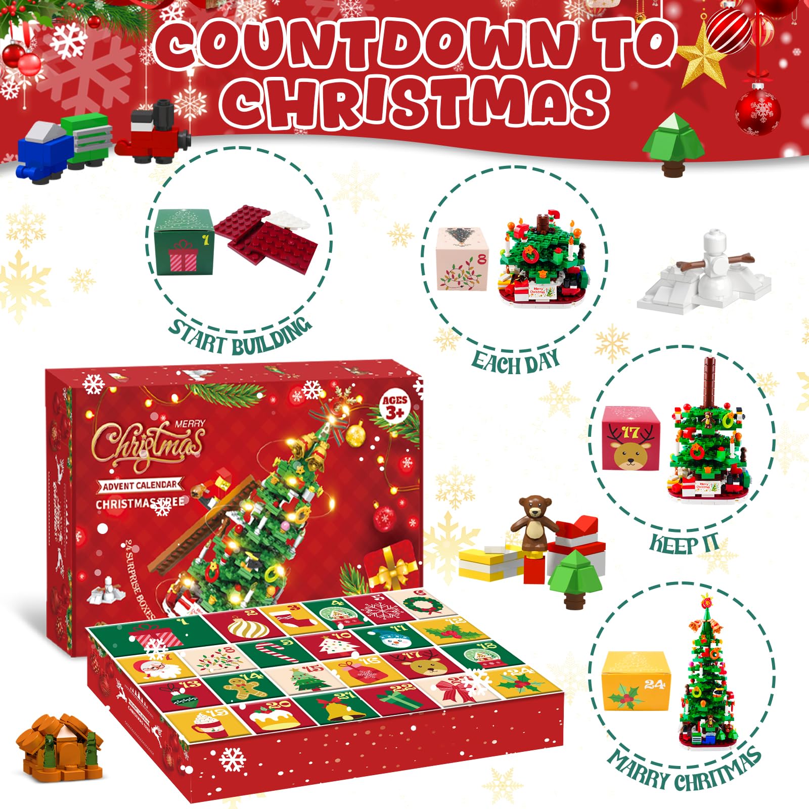 Calendario dell'Avvento 2025 & Decorazione Natalizia Fai da Te, 24 Mattoncini Albero di Natale con Lucine - Conto alla Rovescia Creativo per Bambini e Famiglia