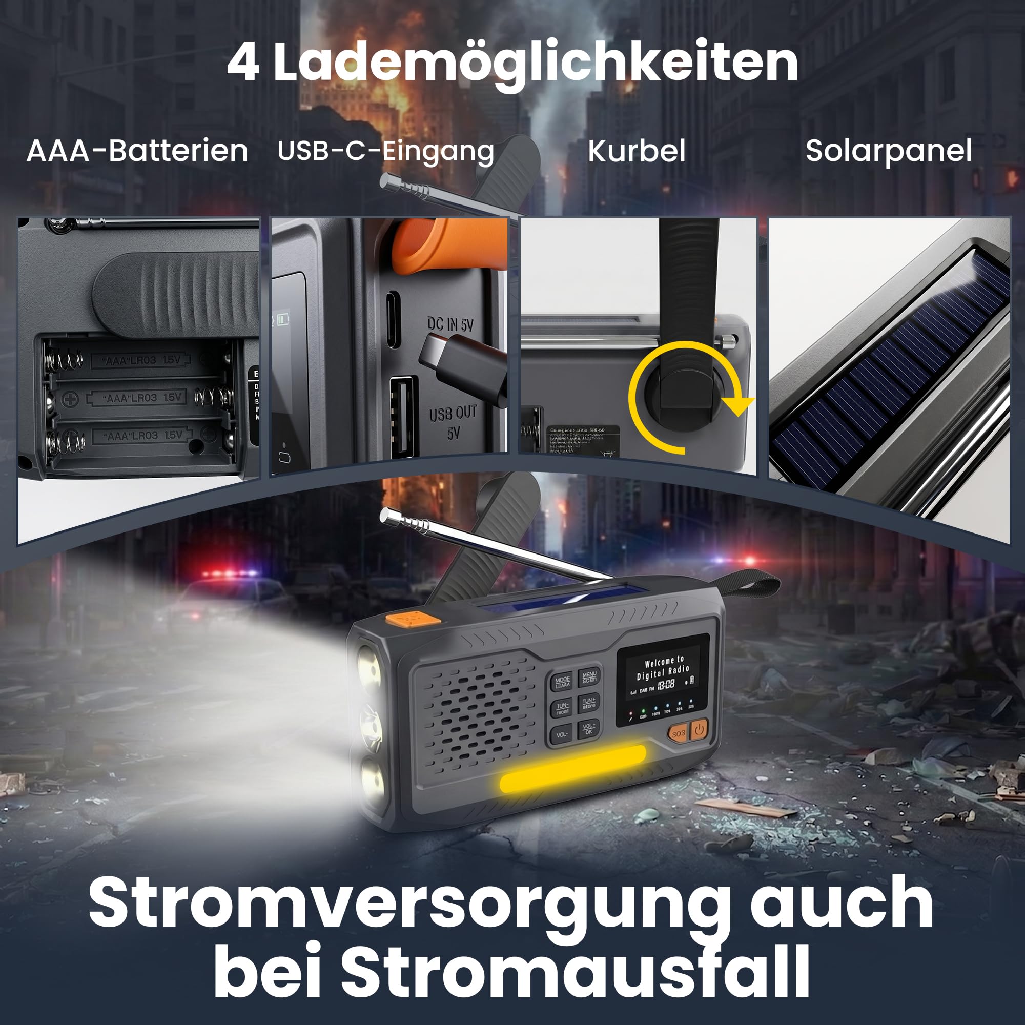 Extralink Kurbelradio Notfallradio mit Solar & Kurbel, Ladefunktion 4500 mAh, FM & DAB Radio mit Bluetooth, LED Taschenlampe & Leselicht, SOS Alarm, LCD Display - für Blackout, Camping & Outdoor