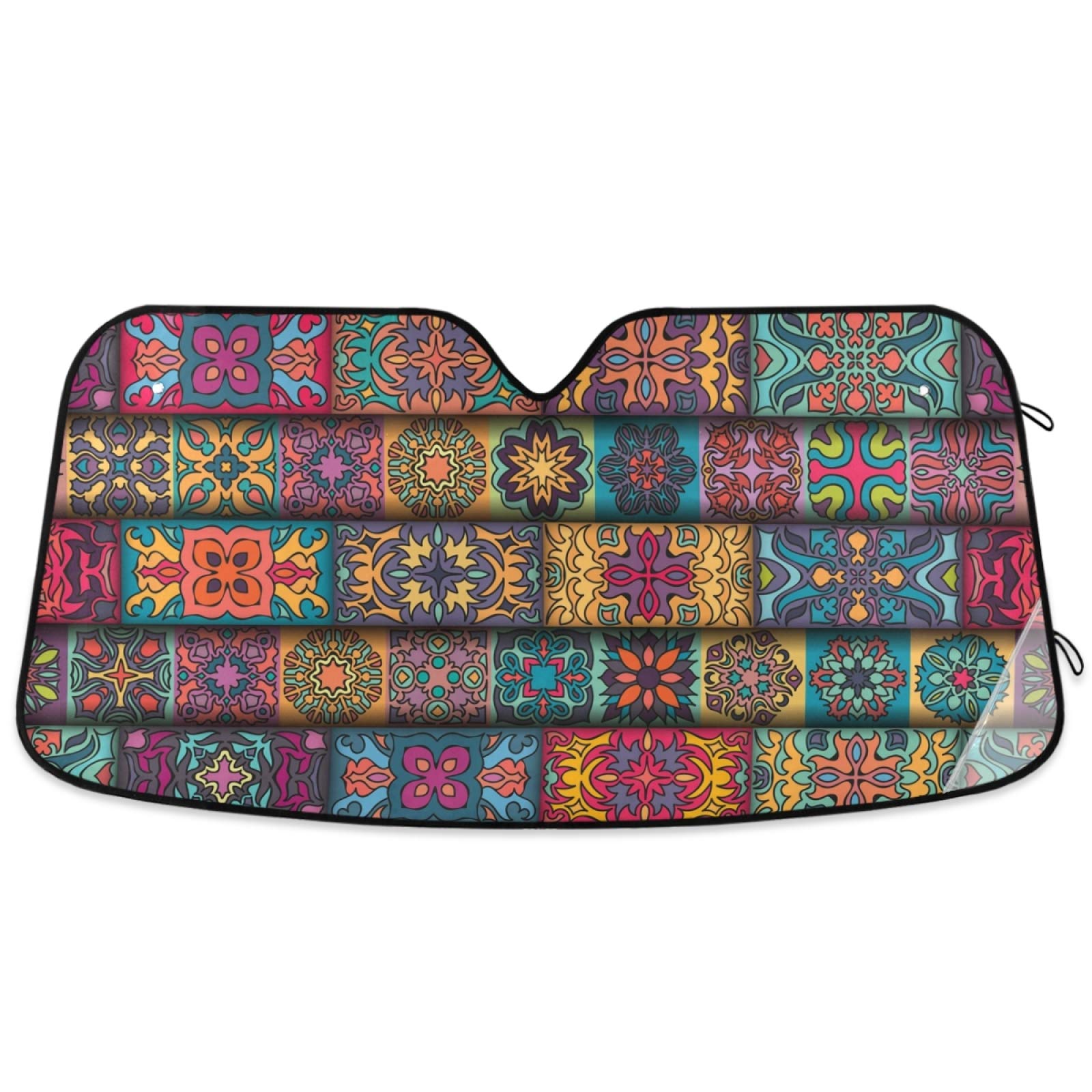 Oarencol Boho Ethnic Car Windshield Sun Shade Bohemian Stripes Colorful Mandala Flower Foldable UV Ray Sun Visor Protector Sunshade to Keep Your Vehicle Cool (55