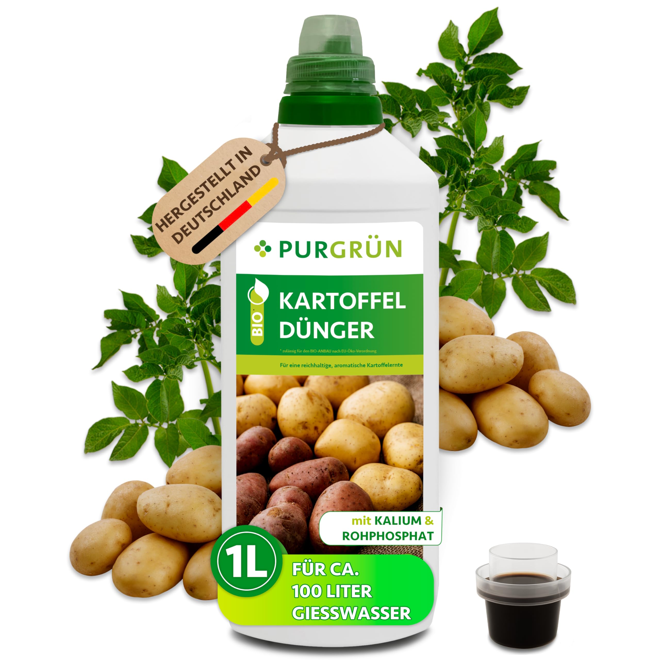 Purgrn Bio-Kartoffeldnger 1 Liter  Hoher Ertrag dank extra Phosphor   Verbesserte Widerstandskraft dank extra Kalium  Bio & Vegan   Premium-Flssigdnger  Konzentrat fr 100 Liter Wasser : Amazon.de: Garten