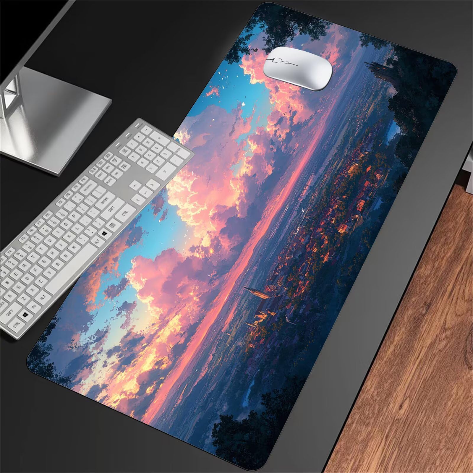 Duża podkładka pod mysz do gier 1200 x 600 x 2 mm podkładka pod mysz XXL, podkładka pod mysz do gier z przeszytymi krawędziami i antypoślizgową gumową podstawą, do domu i biura (różowe chmury)