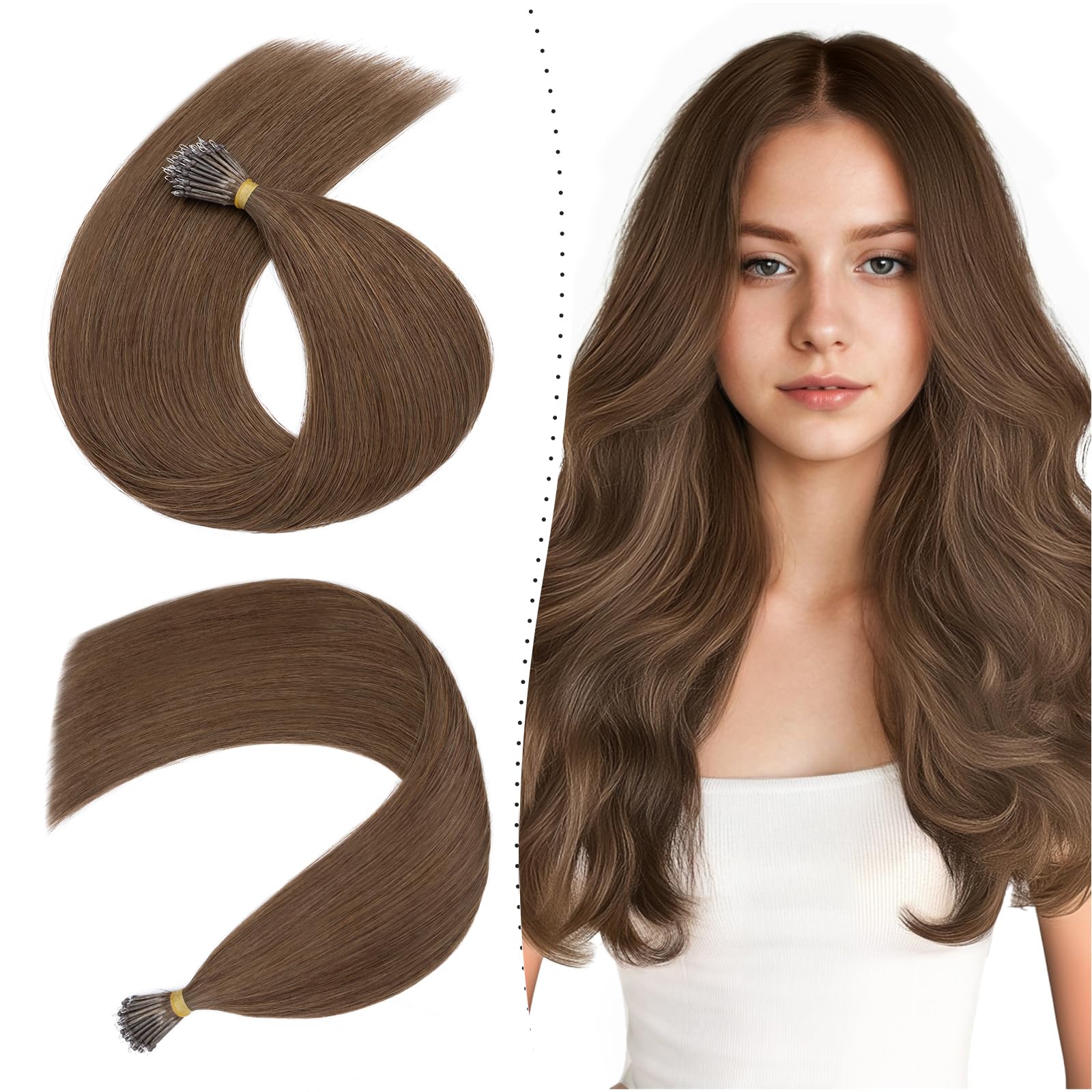 Silk-co Nano Ring Hair Extensions 18inch 1g/s Pre Bonded 50g Nano Breads Extensions Tip Bondings 100% Real Remy Human Hair #04 Medium Brown With Nano Beads Cold Fusion 50 Strands