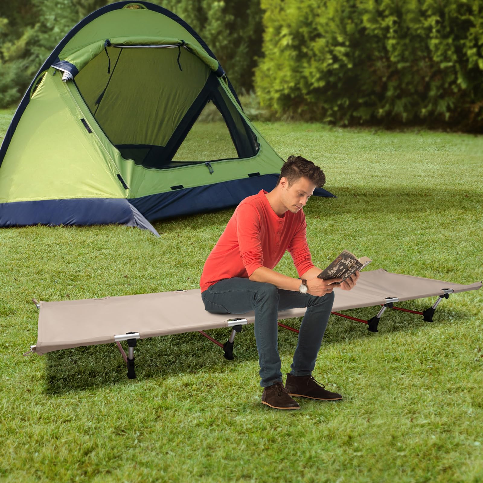 Lettino pieghevole da campeggio con borsa per il trasporto, letto pieghevole per adulti, fino a 150 kg, letto pieghevole per ospiti, per escursioni, giardino, viaggi e ufficio (cachi)