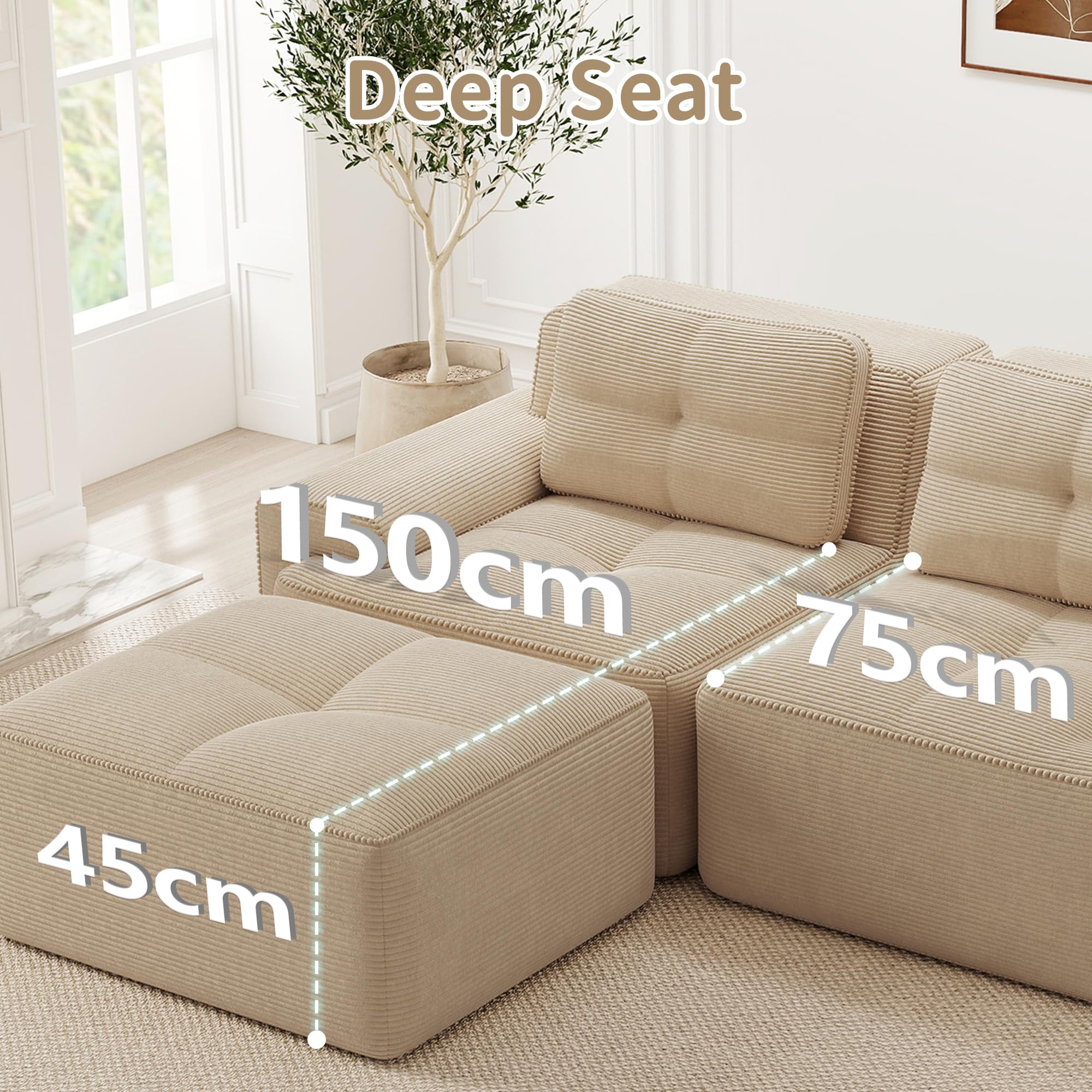 Divano modulare angolare a U,divano componibile Boneless 3 posti con 2 poggiapiedi,divano a compressione senza montaggio,divano con seduta profonda,divani Componibili 5 posti,velluto a coste,Beige