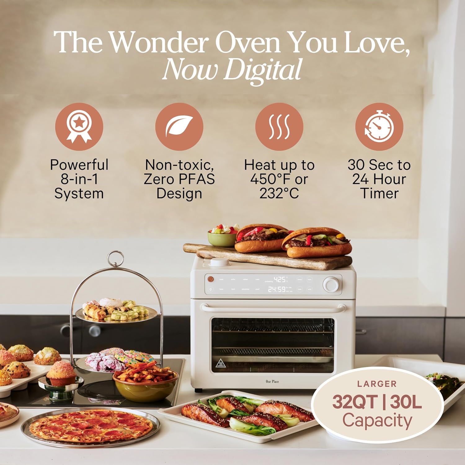 Our Place Wonder Oven Pro | 8-in-1 Digital Air Fryer & Countertop Oven with Basket, Rack, Pan & Tray | 3-Rack, 32 QT Capacity - Air Fry, Toast, Roast, Bake, Reheat, Broil, Proof & Dehydrate | Cream - 2