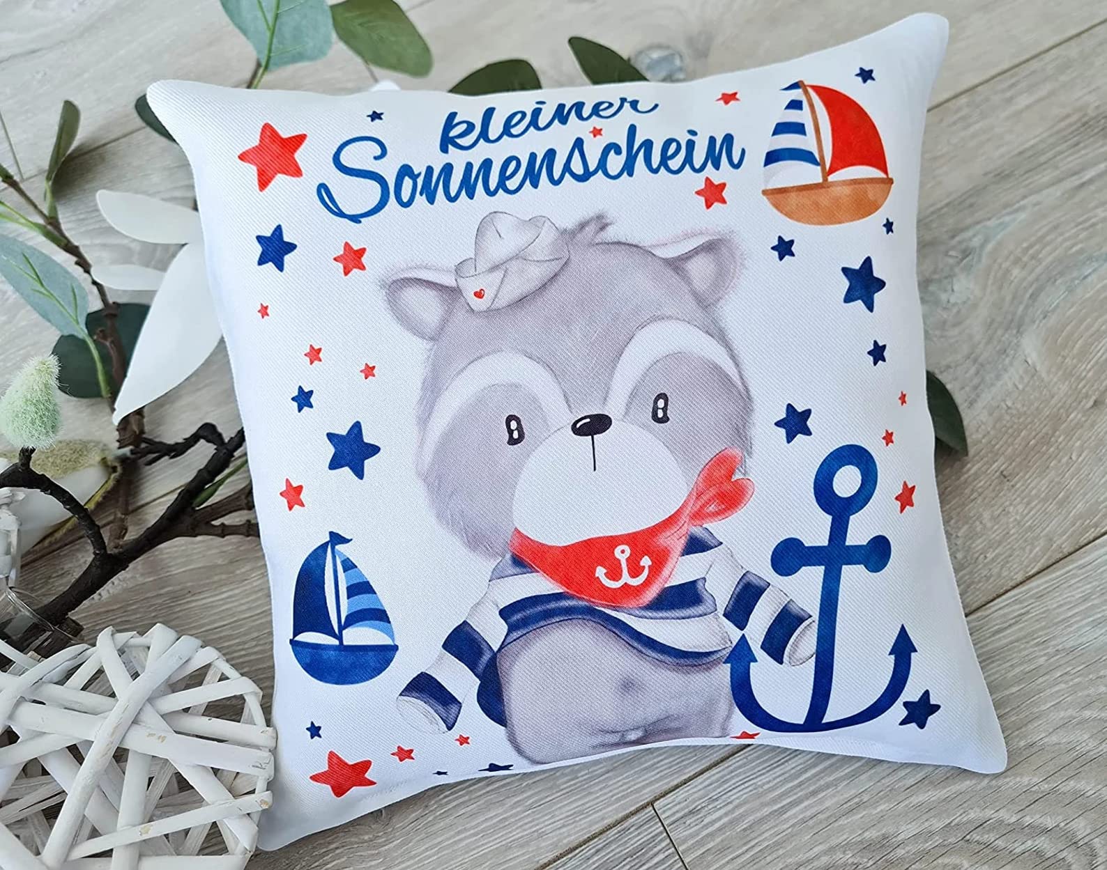 Windeltorte mit Name - Kuschelkissen Waschbär Maritim I Geschenk, Babyparty, Geburt oder Taufe + gratis Grußkärtchen