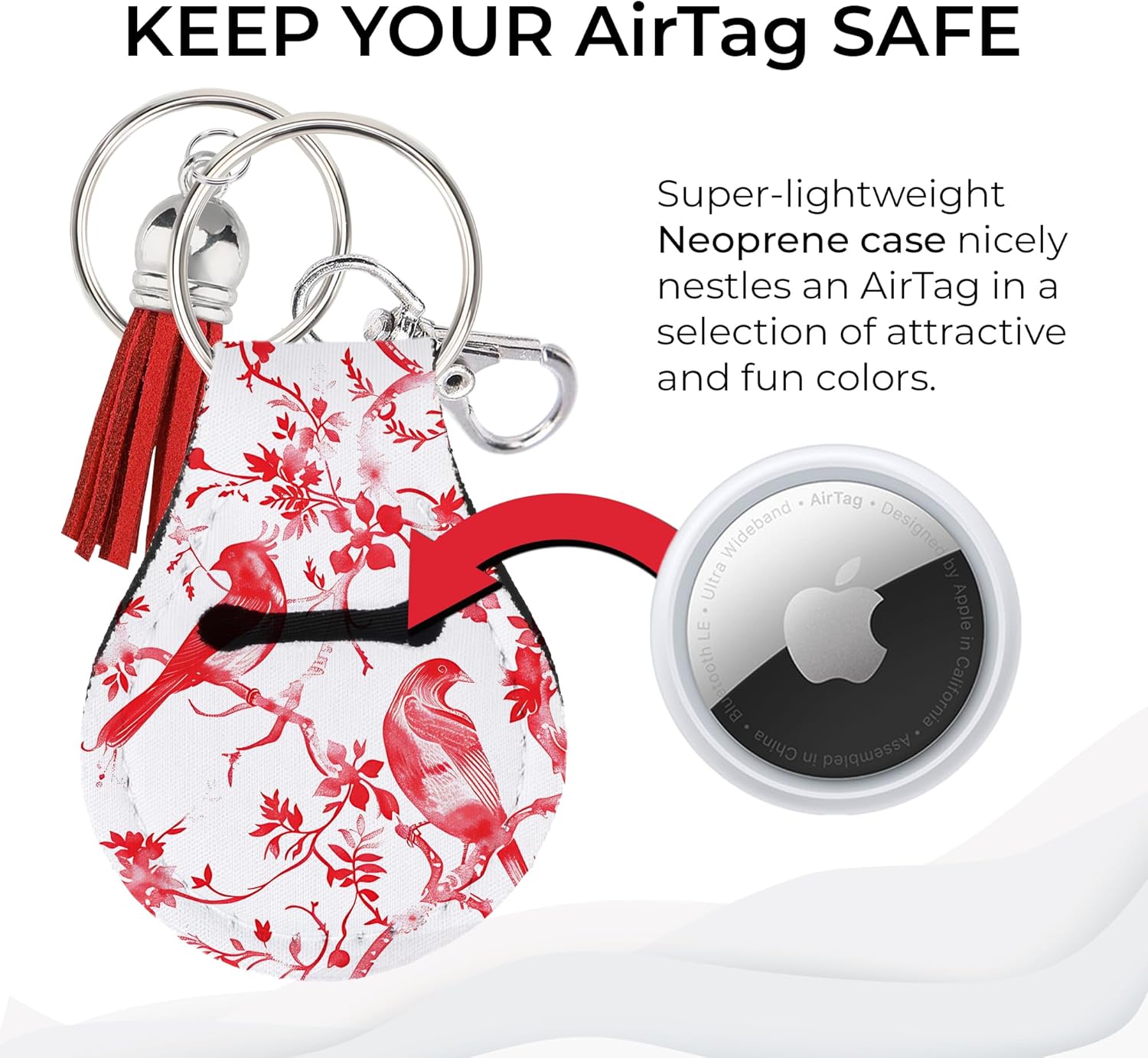 Jolitee Neoprene AirTag Compatible Case Keychain – Durable & Stylish Holder with Secure Ring and Clip, Compatible with Apple AirTag (Chinoiserie Red Birds)