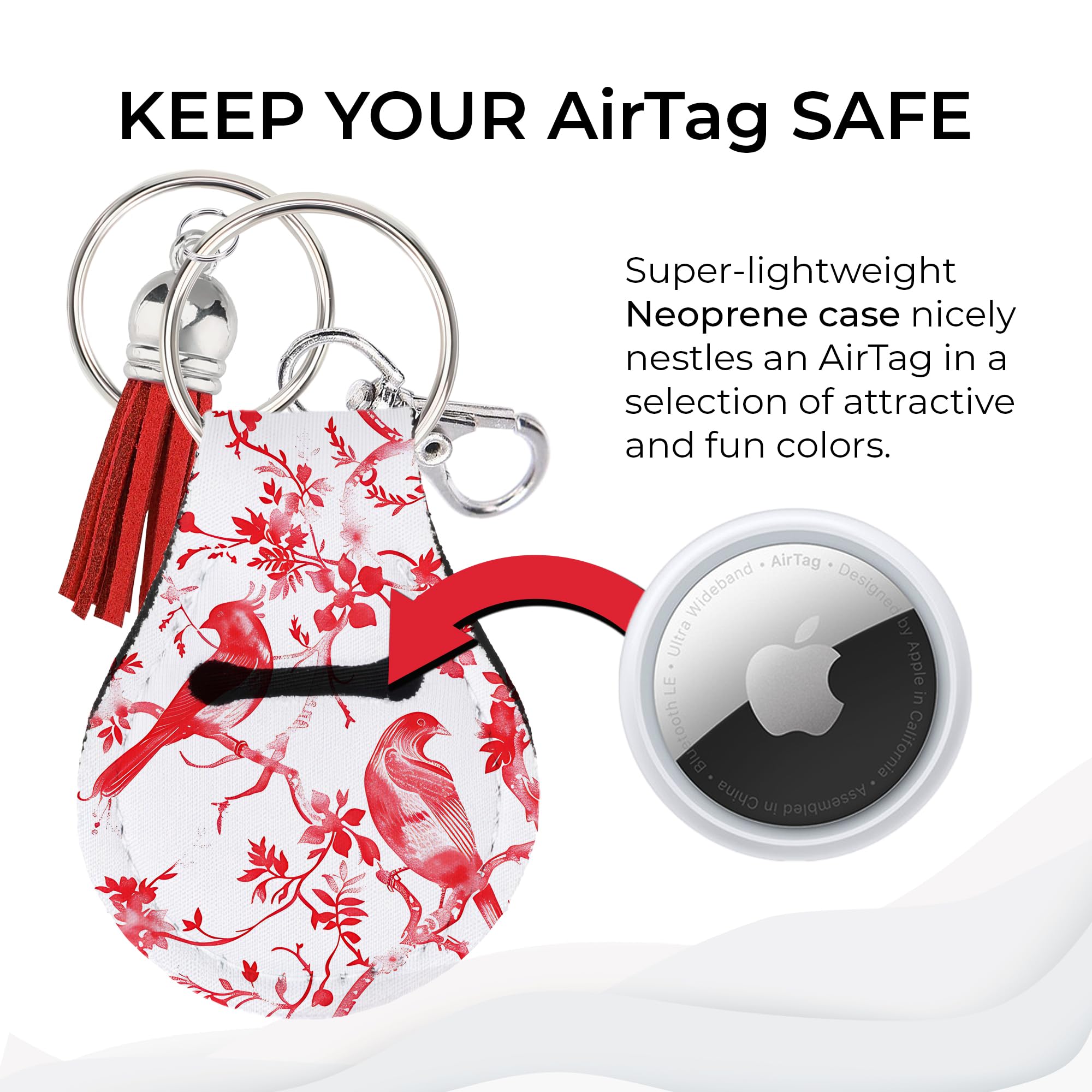 Jolitee Neoprene Compatible with Apple Airtag Case Keychain – Durable & Stylish Holder with Secure Ring and Clip (Chinoiserie Red Birds)