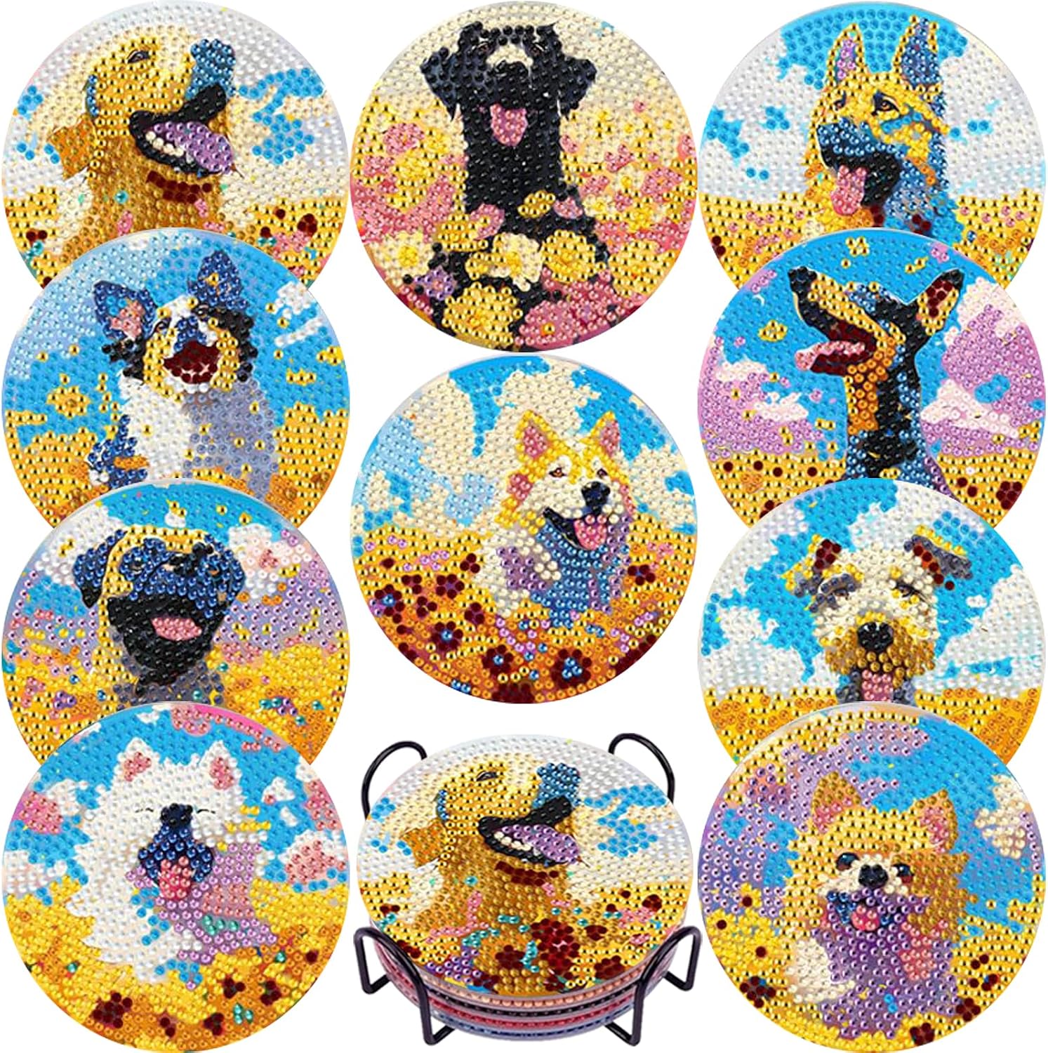 EWJRNSF 10 PCS Dog Diamond Art Coasters DIY Kit with Holder for Adults
