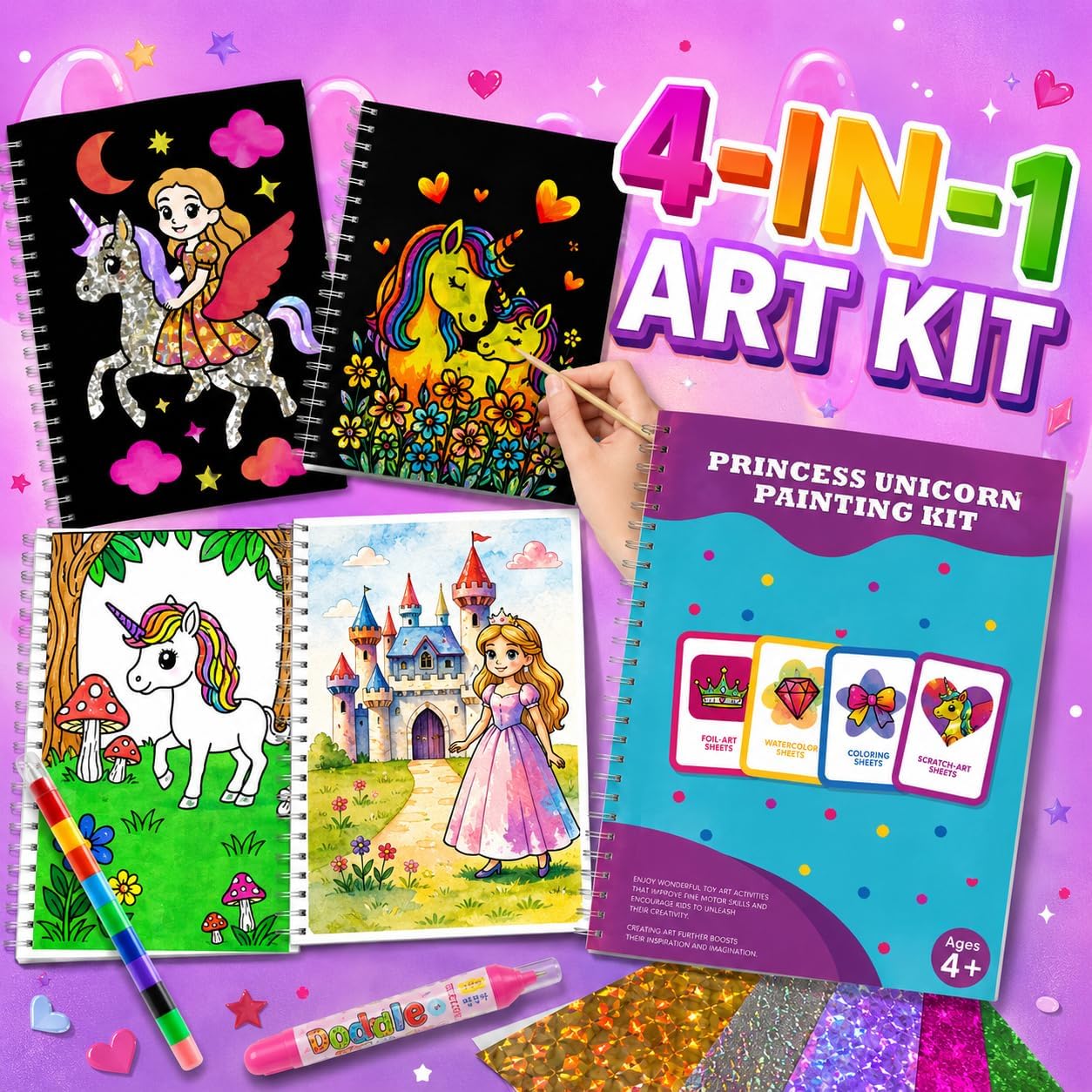 SOOVSY 4-in-1 Foil Art Craft Kit for Girls Ages 4-8 – Mess-Free, No-Glue Foil Fun, Scratch Art, Crayon Coloring & Watercolor – Unicorn & Princess Themes – Birthday Gift, Travel Toy, Kindergarten Gift
