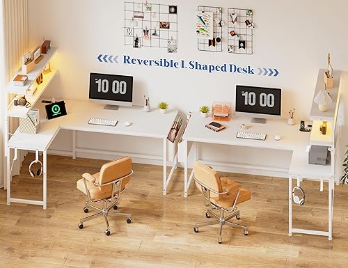 Miniatura 5 de Escritorio para computadora en forma de L con luz LED y toma de corriente, escritorio reversible en forma de L de 43.3 pulgadas para juegos con