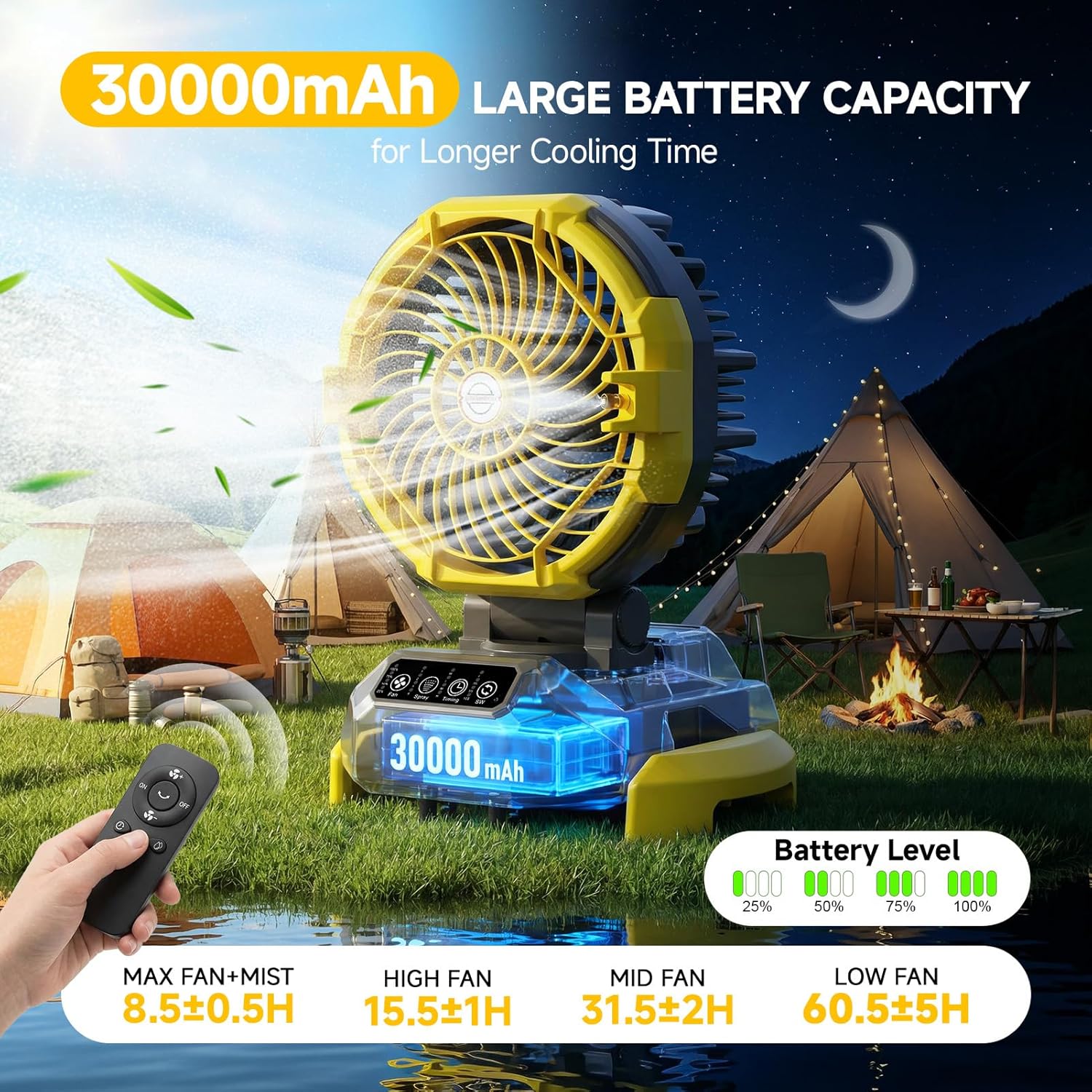 Portable Misting Fan with 25L Bucket, 30000mAh Rechargeable Battery Powered Floor Cooling Fan with 4 Strong Winds & 4 Spray Mister, Outdoor Oscillation Fans for Camping/Patios/Beach/Worksite (Yellow)