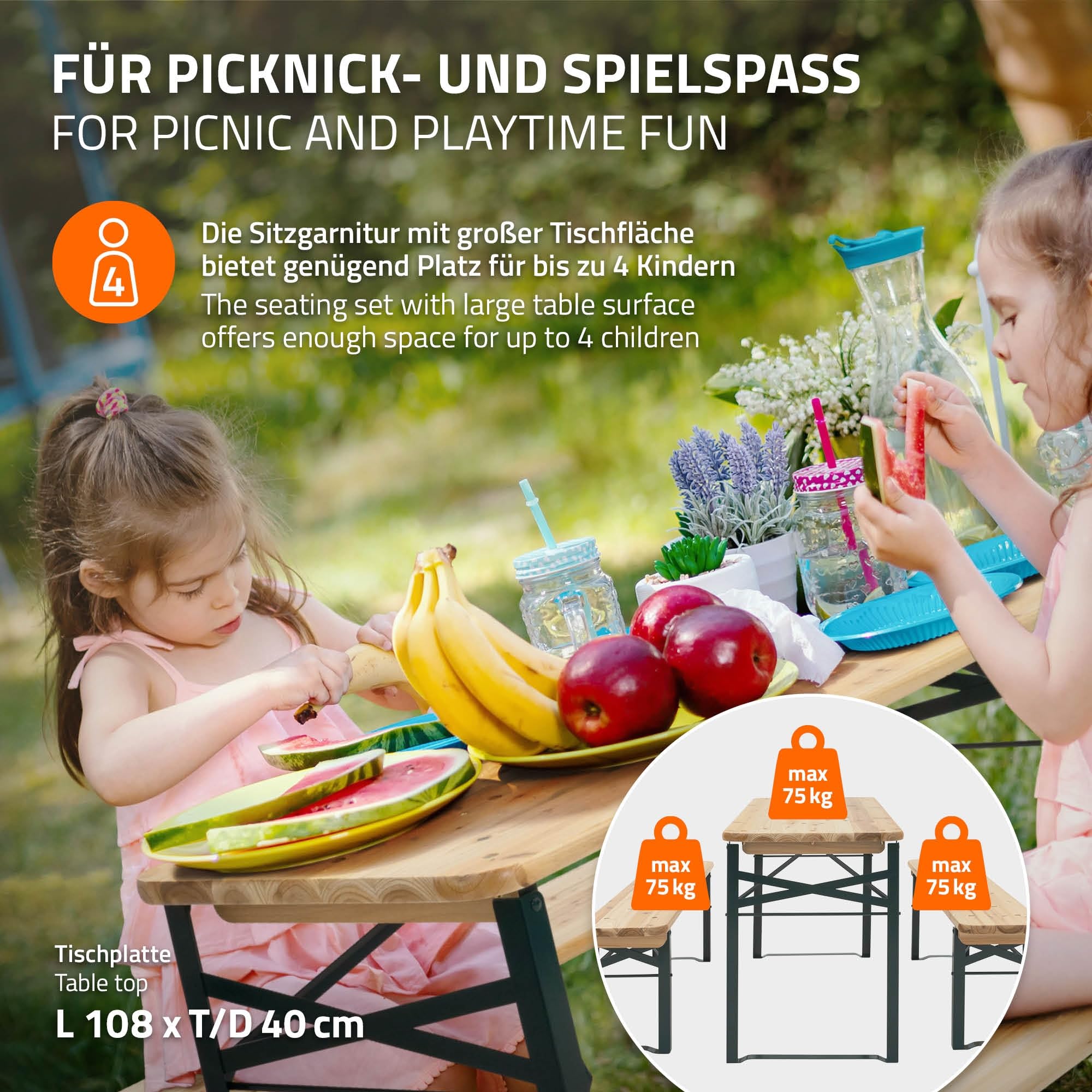 ML-Design Set da Picnic per Bambini 3 Pezzi Pieghevole Naturale/Verde Legno Massello e Metallo Set con Tavolo e 2 Panche per Esterno Arredo Giardino Tavolo da Festa per Bambini Gruppo Sedute da Picnic