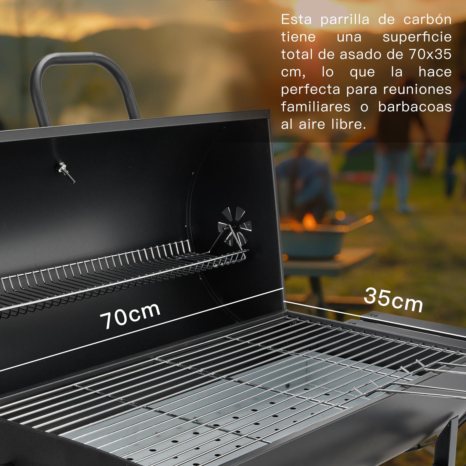 TEENO Barbacoa de carbón, Parrilla Barbacoa con Rejilla de Cocción XXL, Guantes Antigrietas, Termómetro, Cajón de Cenizas, Ventilación Regulable, Gran barbacoa de Carbón de Madera (Basic)