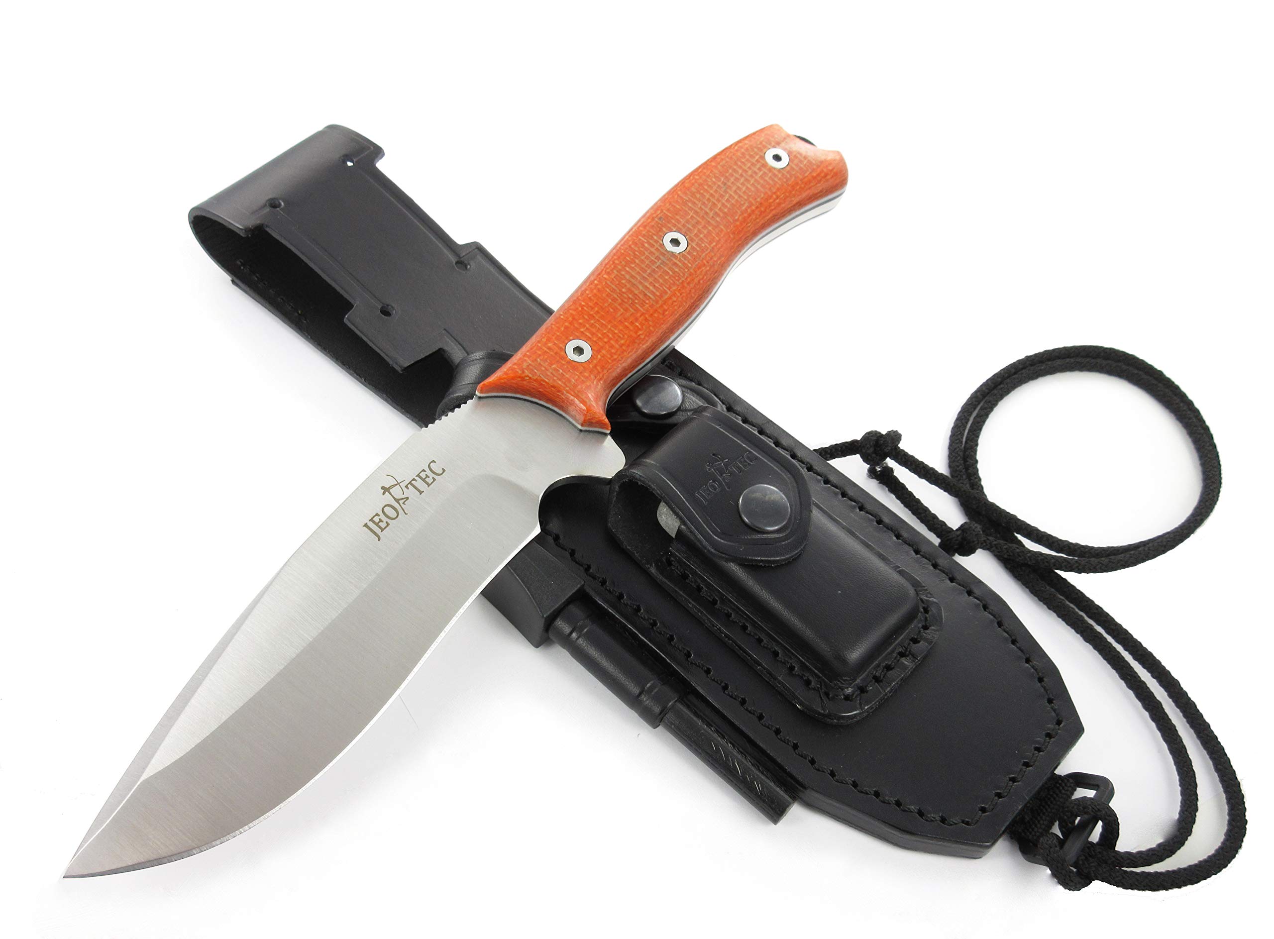 JEO-TEC Nº9 Full Tang Outdoor Camping Gürtelmesser Jagdmesser Überlebensmesser Survival Bushcraft Messer - Stahl MOVA - Lederscheide Feuerstahl Messerschärfer