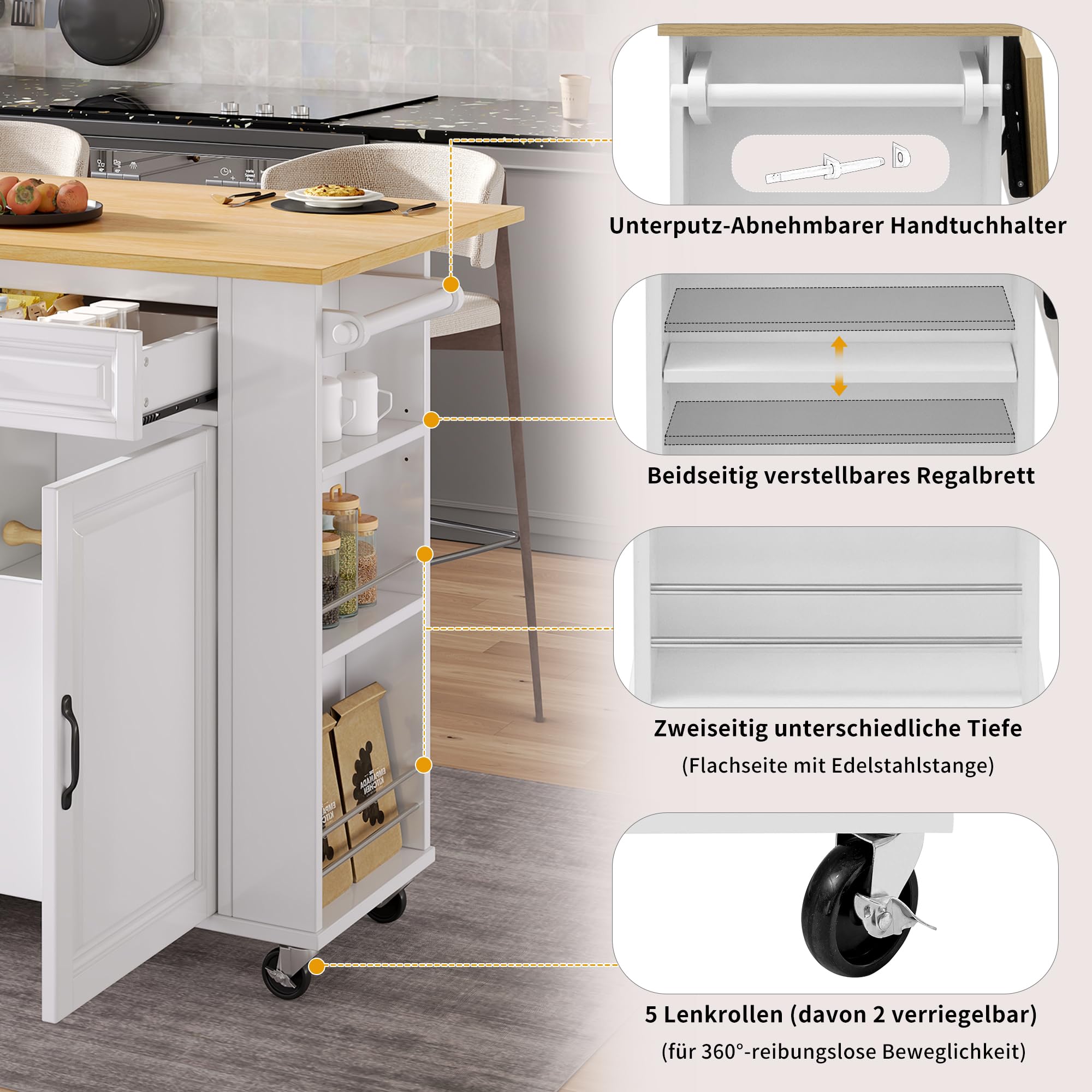 Kücheninsel mit Rollen ausziehbarem Esstisch, Mobile Kücheninsel mit Steckdosen, Abfallbehälterfach Handtuchhalter, Platzsparender Küchentrolley mit Stauraum für kleine Küchen Esszimmer (Weiß)