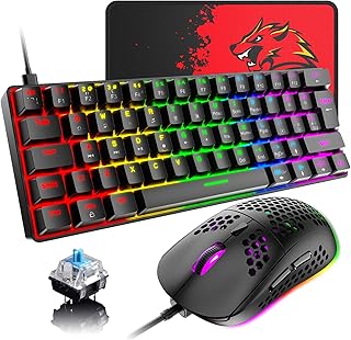 60% Wired Mechanical Gaming Keyboard and Mouse Combo, Ultra-Compact Mini 62 Keys Type C Chroma 20 RGB Backlit Effects,RGB Backlit 6400 DPI Lightweight Gaming Mouse with Honeycomb Shell for PC/Mac (black/blue switch)