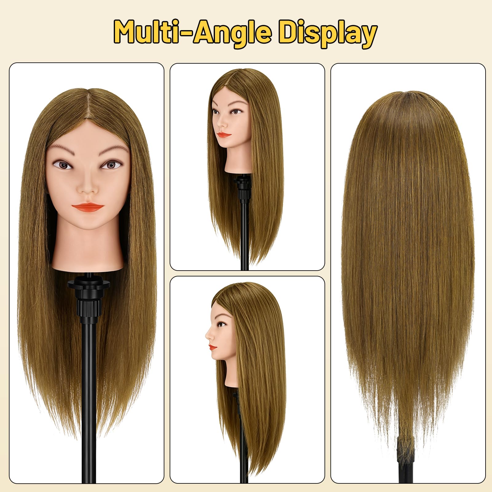 Yofuly Friseur-Trainingskopf, 45,7 cm, 100 % Echthaar, Manikin-Kosmetologie-Puppenkopf zum Flechten und Haarstyling, Übungskopf mit Tischklemme + DIY-Zopf-Set (Hellbraun)