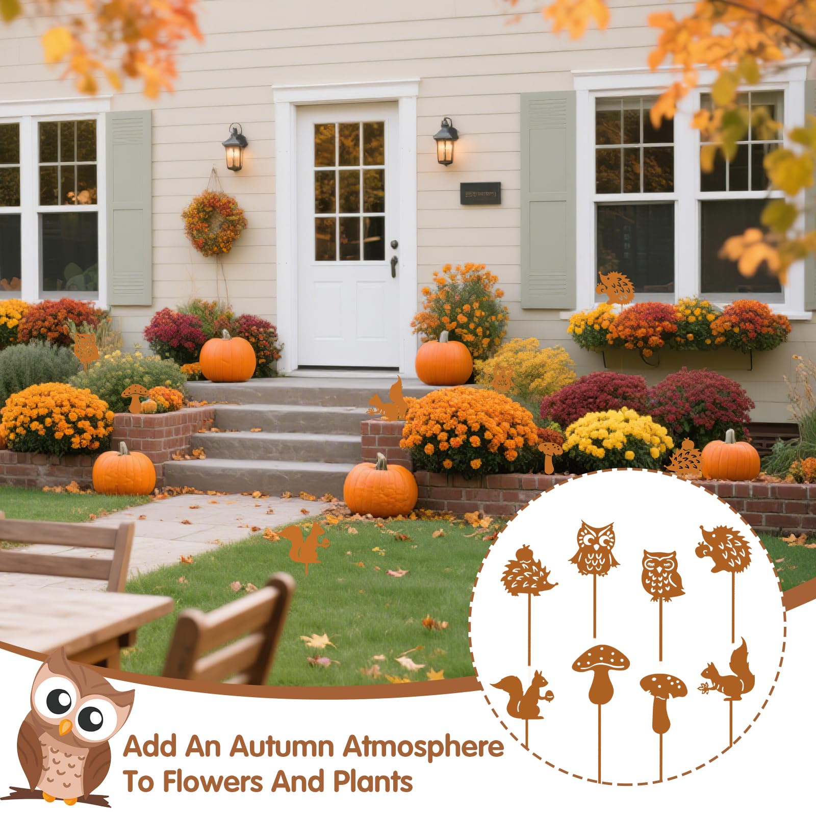 EllasDekokrempel Herbst-Dekostecker – 8er-Set Mit Pilz, Igel, Vogel, Eule, Metall Rost-Optik