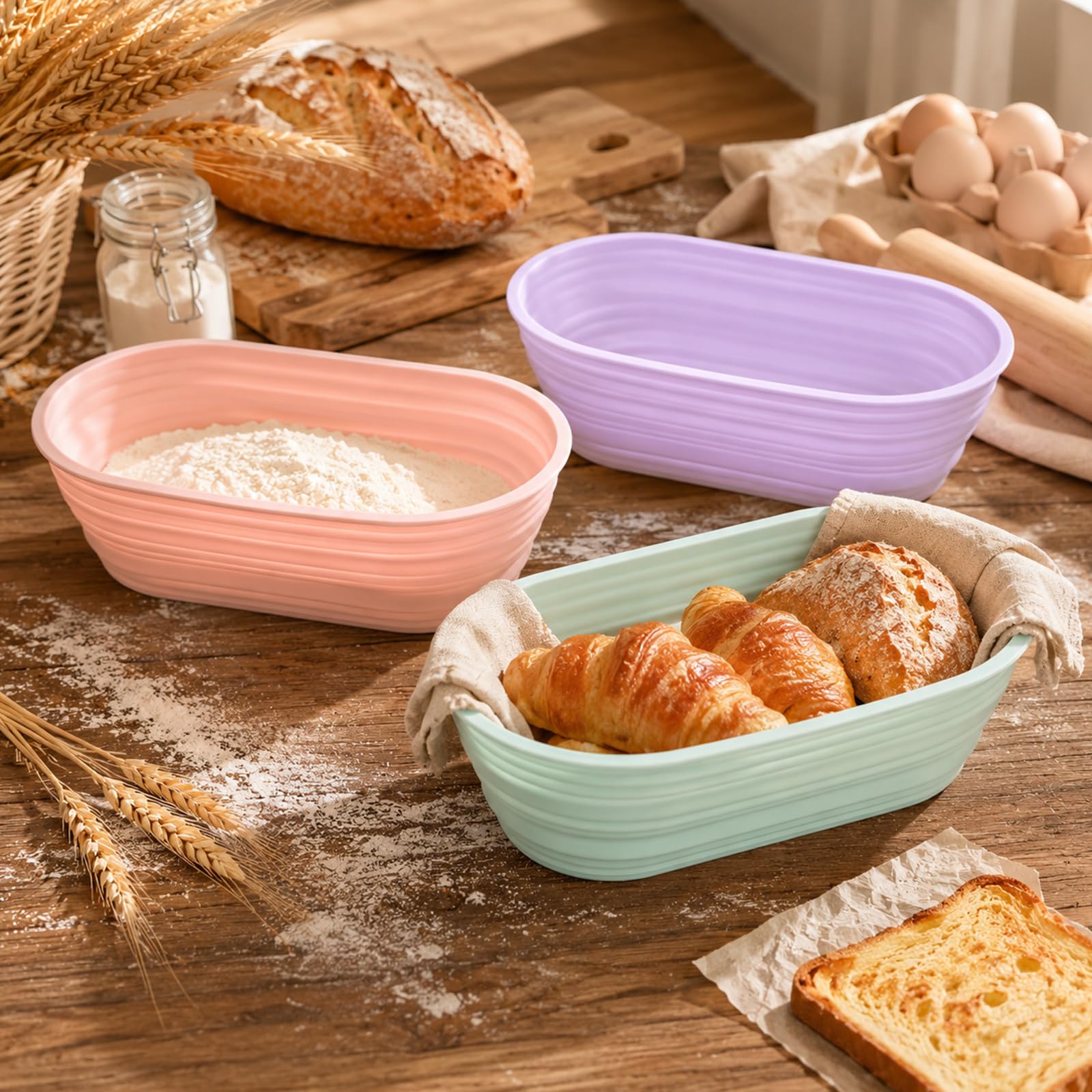 9 cestas de fermentación de silicona ovaladas, 25,4 × 9,5 × 3,3 cm, cesta de fermentación plegable para hornear pan, cestas de fermentación plegables con raspador y lino para panaderos aficionados