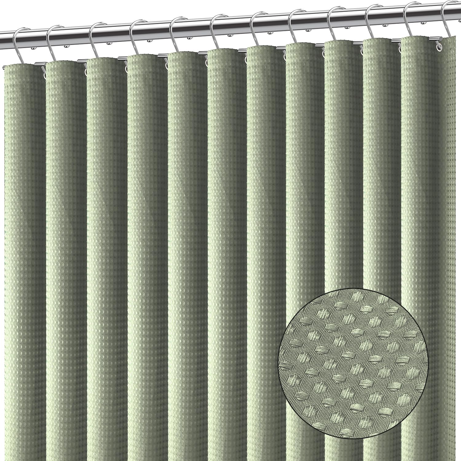 Clara Clark Sage Green Shower Curtain - Waterproof Shower Curtains for Bathroom, Waffle Shower Curtain Fabric, Bathroom Curtain, Fabric Shower Curtain 180 x 180 cm (71 x 71 Inch), Shower Curtain
