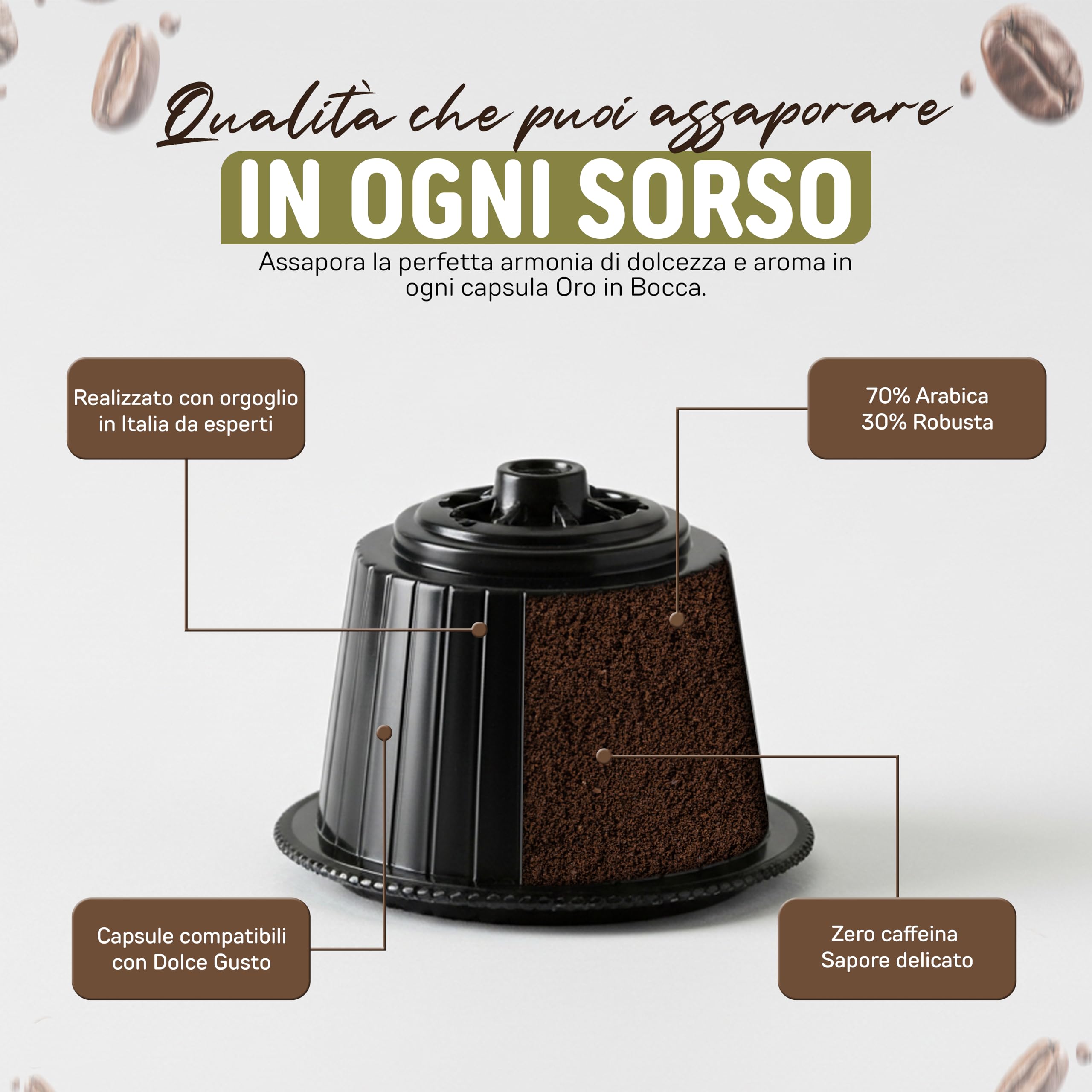 Oro in Bocca 100 Capsule Caffè Decaffeinato Compatibili con Nescafé Dolce Gusto, Caffè Espresso Decaffeinato 70% Arabica 30% Robusta, Gusto Morbido e Bilanciato, Aroma Dolce, Made in Italy (100, DEK)