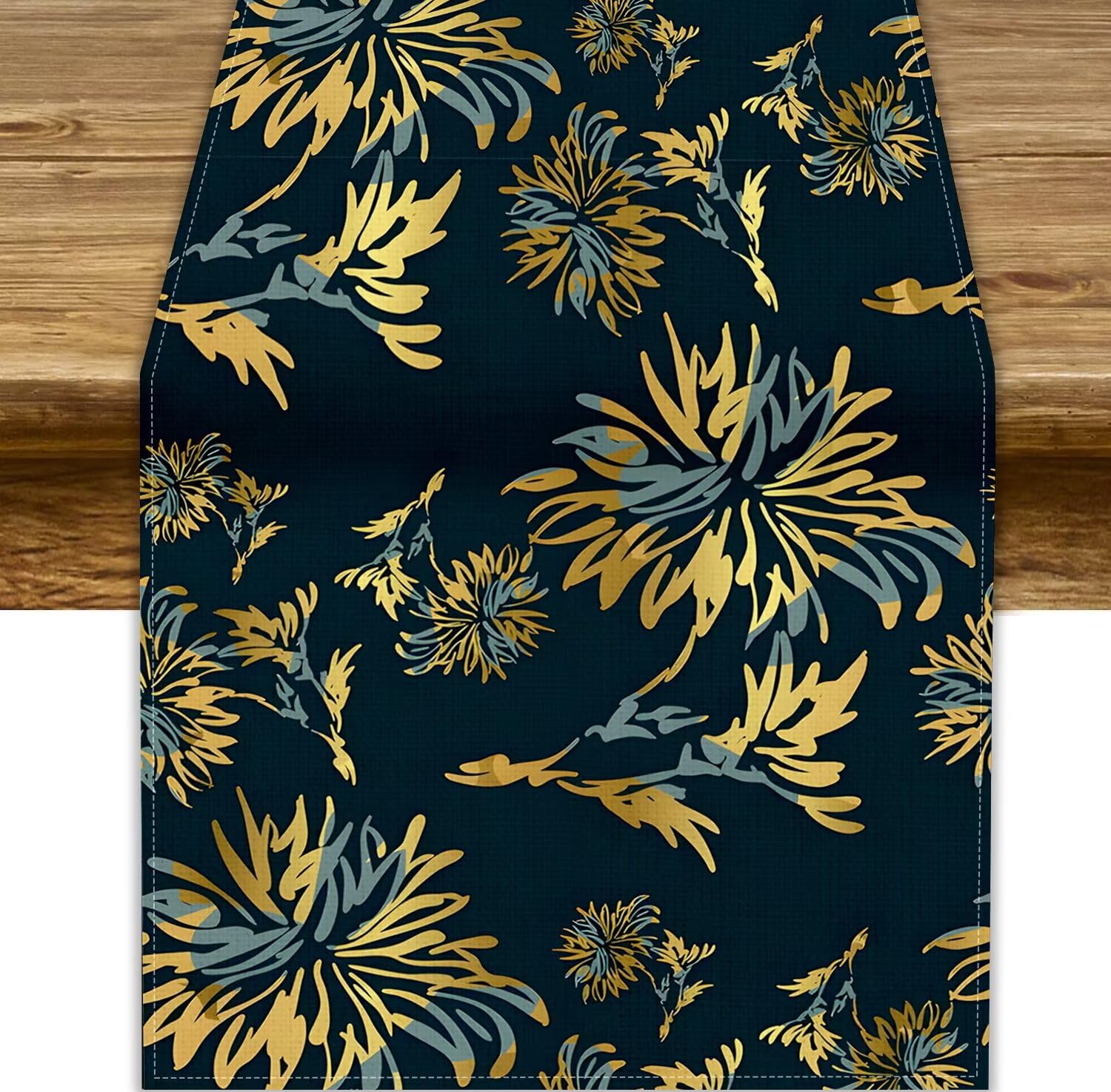 Japanese Flower Table Runner, Traditional Oriental Line Art Golden Blue Chinese Style Table Runner for Home Kitchen Dining Table Holiday Party Wedding Decor 13x36in