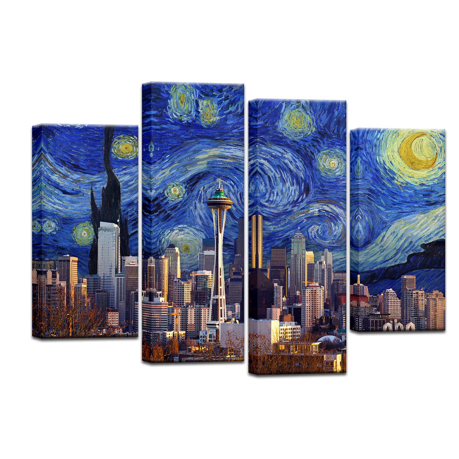 LyerArtork 4 Panel Seattle Skyline Panorama and Vincent Van Gogh Starry Night Oil Painting Canvas Wall Art Framed USA Cityscape Downtown Picture Prints for Modern Home Office Wall Decoration