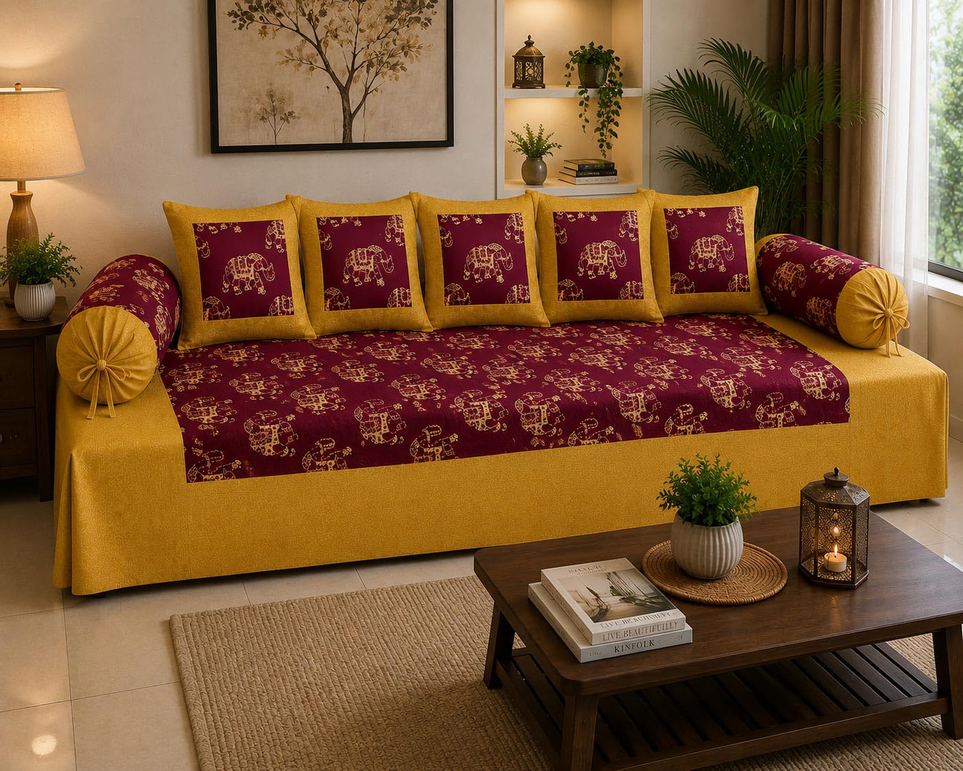 Premium Maroon Elephant Print Pure Cotton Diwan Set with 5 Cushion Covers & 2 Bolster Covers-image-22