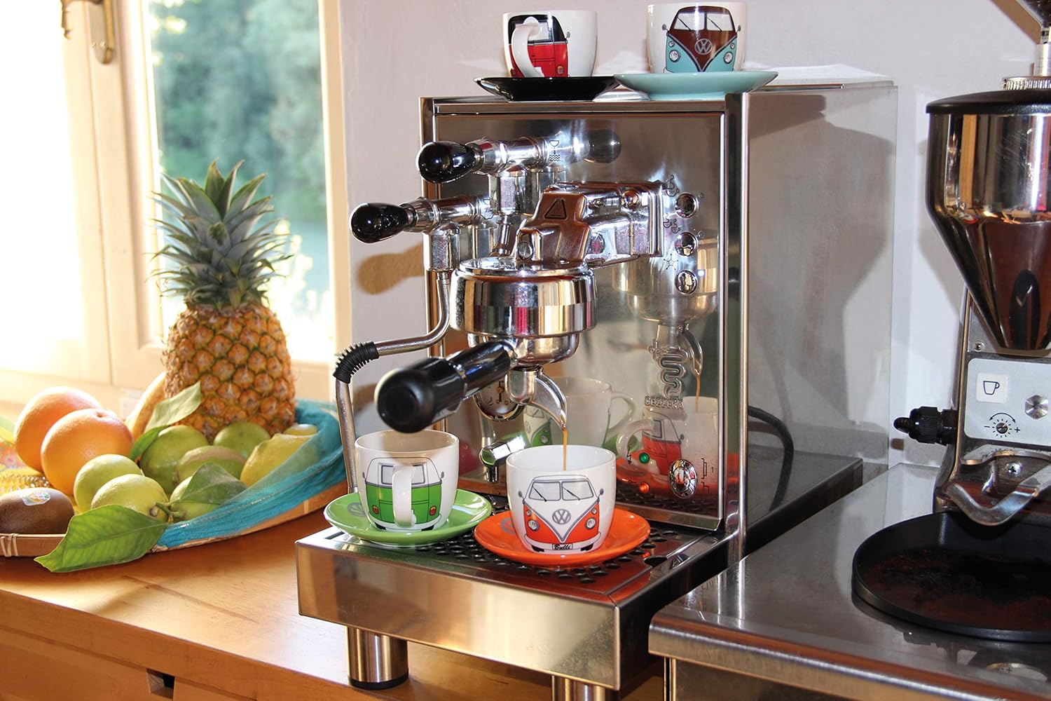 BRISA VW Collection - Volkswagen Espresso Cups Coffee-Tea-Cappuccino Set in T1 Bus Campervan Design (Bus Front/100ml/3.4 fl oz) (Set of 4 (red/black, petrol/brown, orange, green))