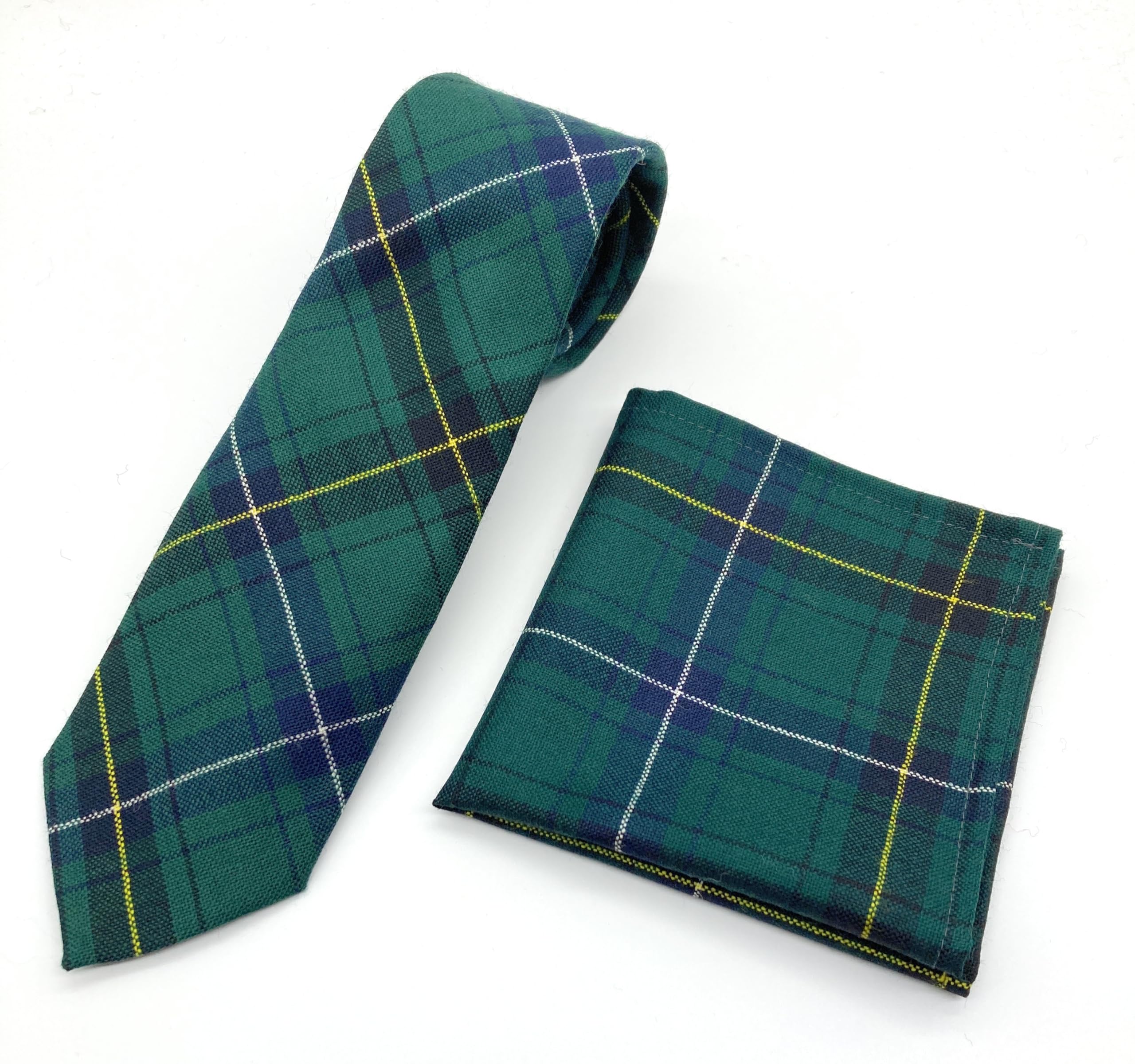 Highland Tweed Green Gents Pure Wool Henderson Modern Tartan Tie & Matching Pocket Square Set - Made In Scotland