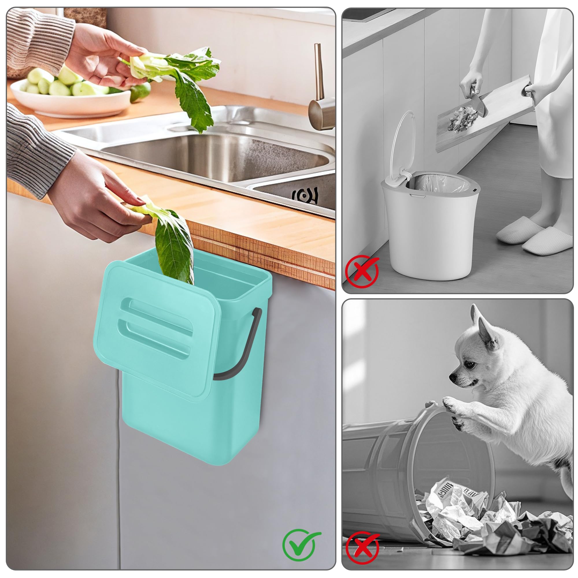 Secchio da Compost da Cucina Piccolo Bidone della Spazzatura Sospeso con Coperchio 3L Secchio di Rifiuti Organici per Cucina Blu