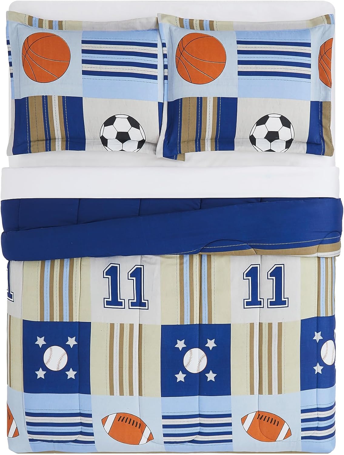 My World Denim and Khaki Sports Multiple Polyester 3-Piece Full/Queen Comforter Set, sports Themed, for Kids, OEKO-TEX Certified
