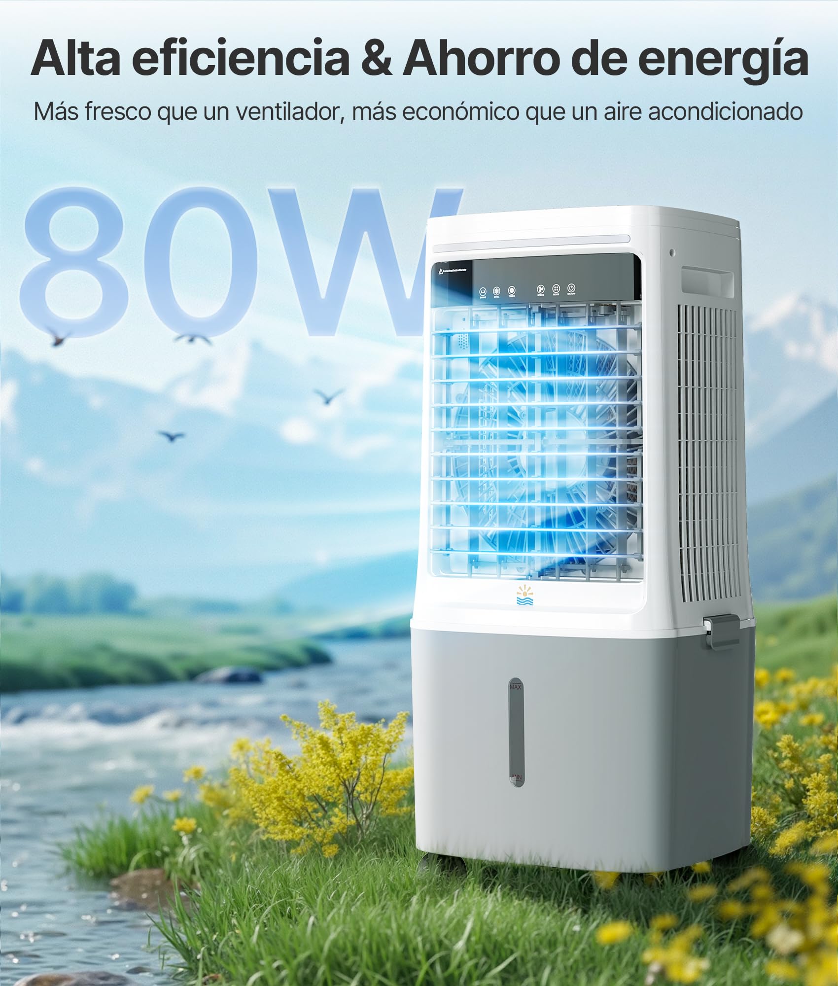 Enfriador de Aire Portátil 25L con Agua - Alternativa al Aire Acondicionado Portatil, Climatizador Evaporativo Portátil Oscilación 80°, Mando, Temporizador 12H, Blanco