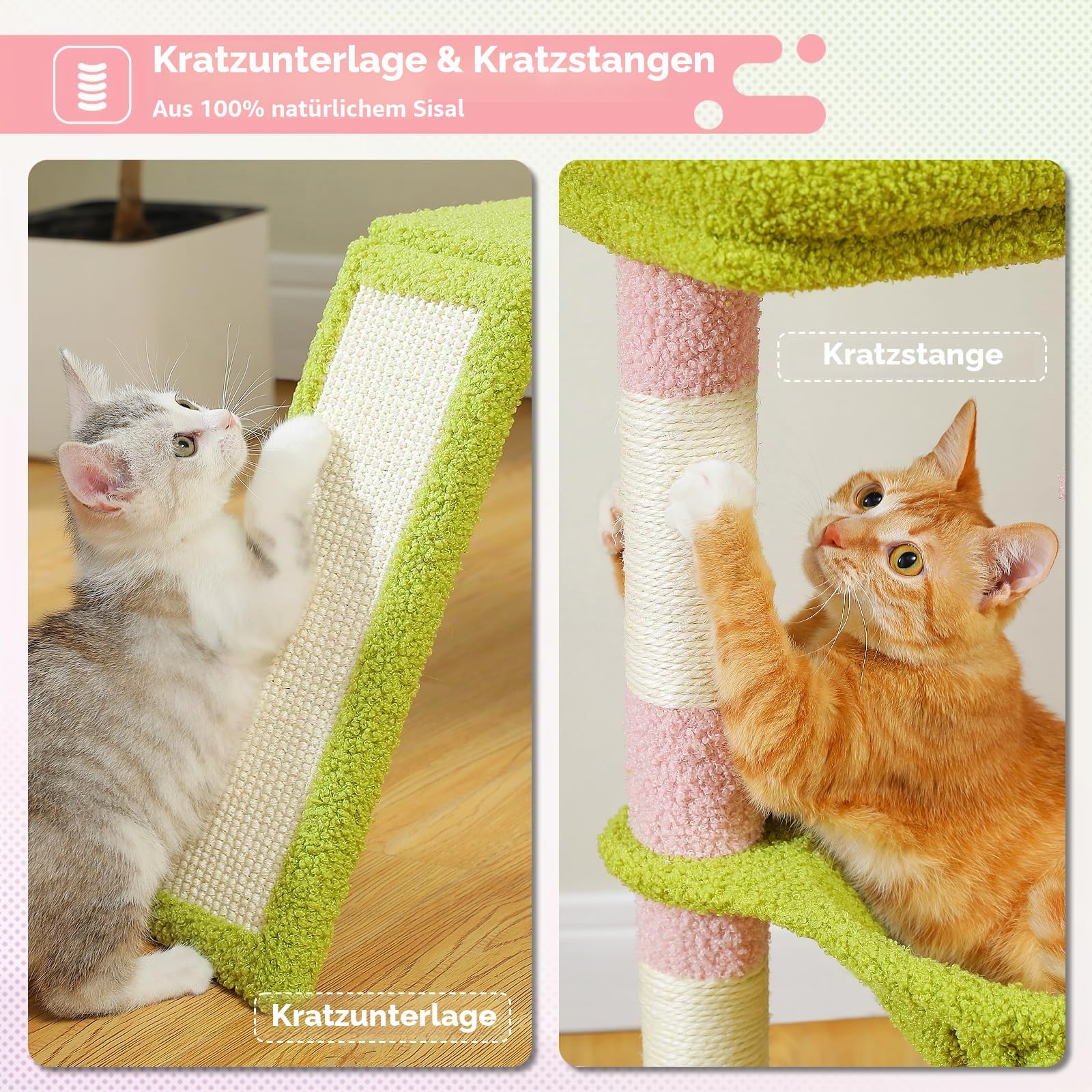 PAWZ Road Kaktus-Katzenbaum für Hauskatzen mit super großer Höhle, 1 Sisalbrett, 3 Kratzstämme, mit großer Hängematte und Sitzstange, 90 cm, Rosa