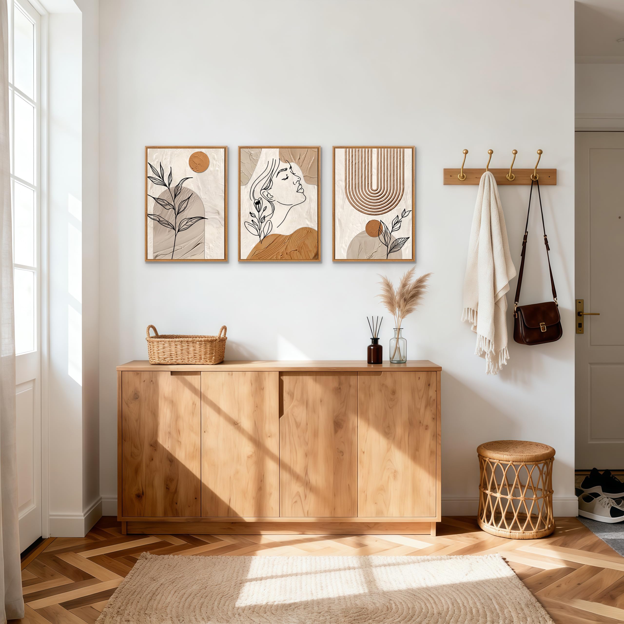 3 Pcs Wooden Framed Canvas Wall Art Set Bohemian Sage Green Canvas Prints Poster Geometric Line Beige Green Pictures for Living Room Bedroom Dinning Room Hallway Stairs Wall Decor 30x40cm x3pcs — view 522
