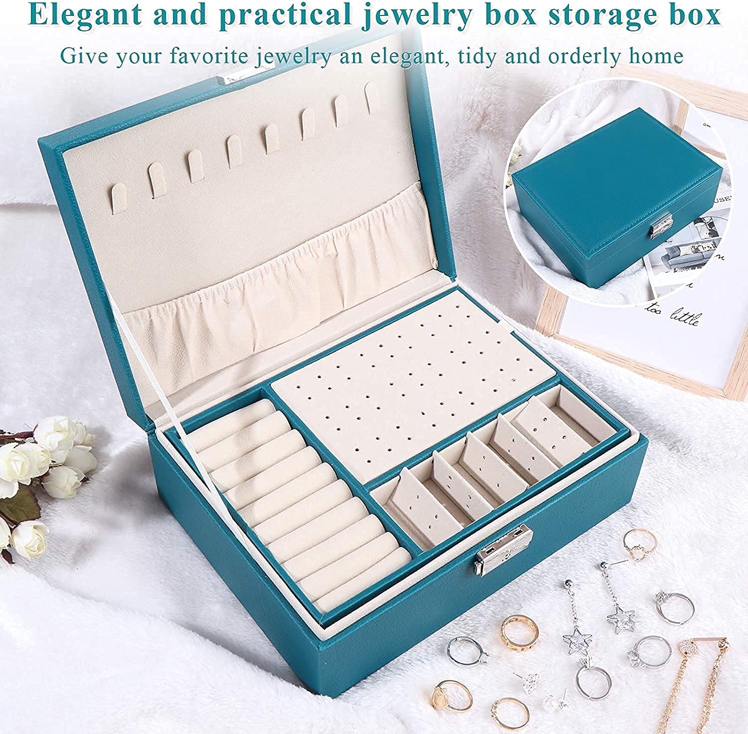 Schmuckschatulle, große kreative Schmuckschatulle für Damen und Mädchen, doppelschichtig, abschließbar, PU-Leder, Schmuck-Organizer, Aufbewahrungskoffer mit abnehmbarer Trennwand,