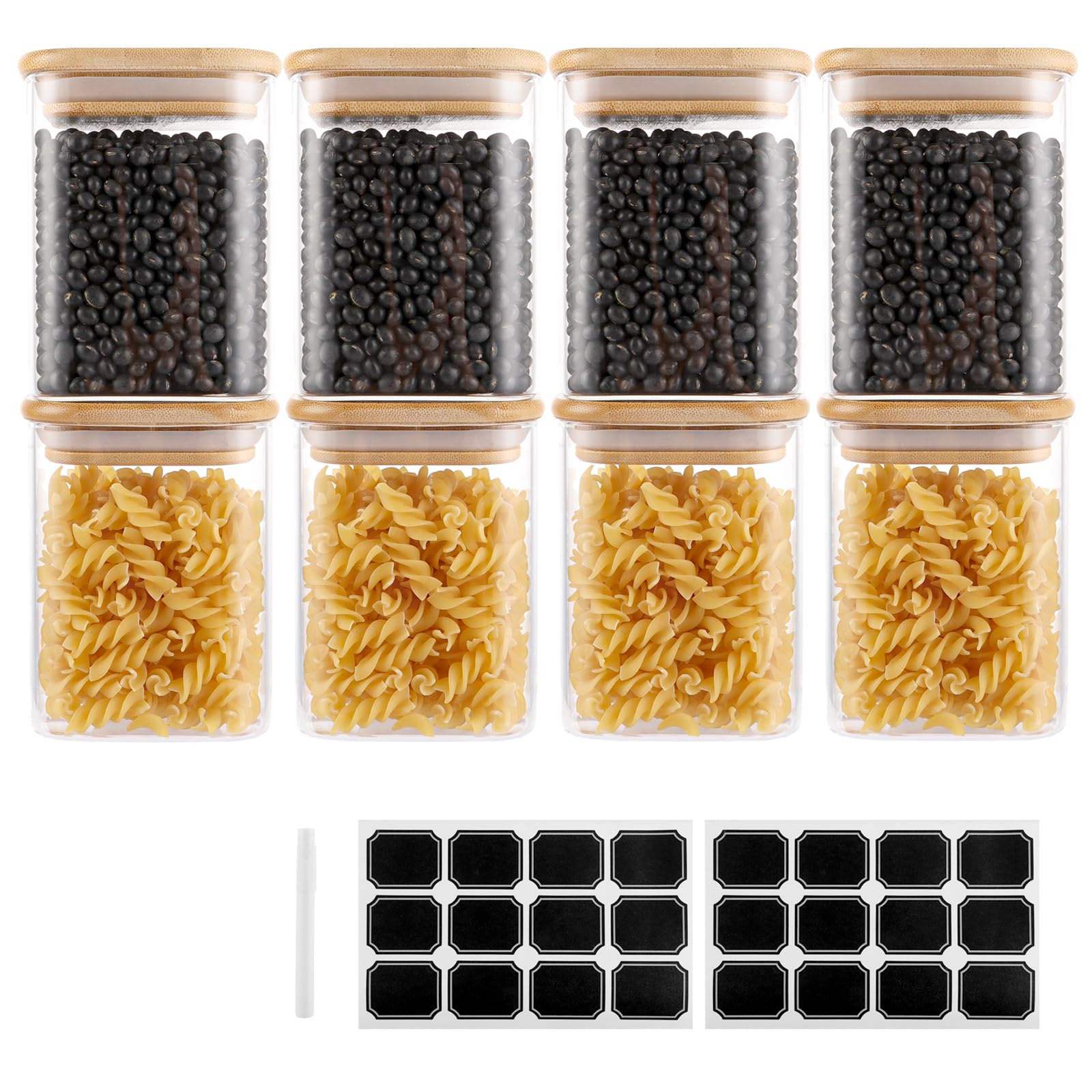 SHUESS Minimalist 8 x 500 ml Glass Spice Jars, Square, Air Tight, Stackable, 5 cm x 6 cm