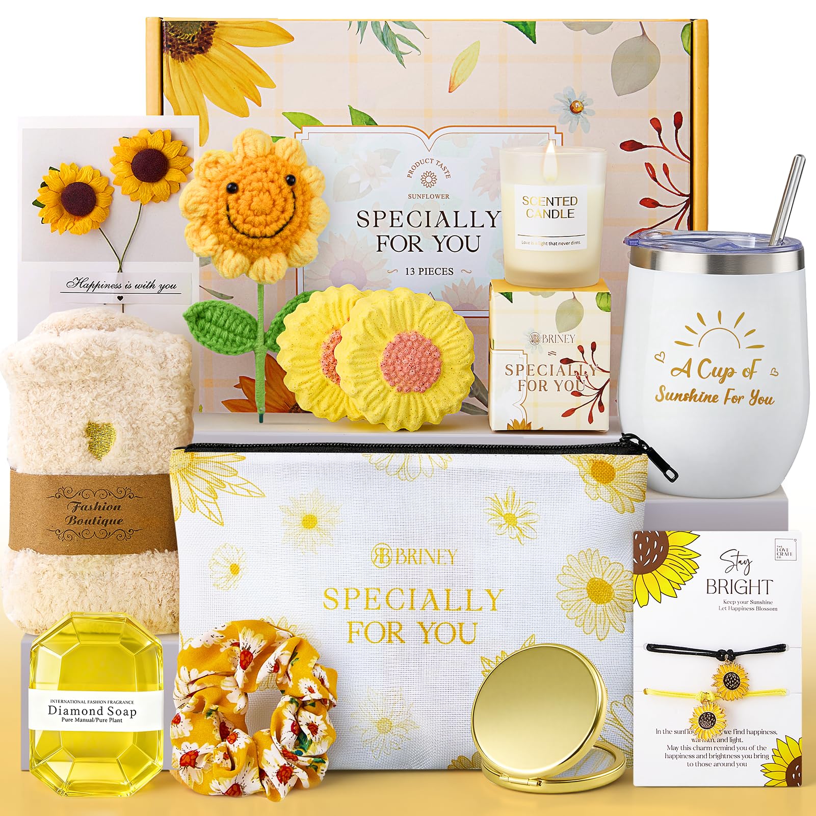 Briney 13 Pcs Bath Sets for Women Gifts, Pamper Spa Set for Mother's Day Gifts, Sunflower Themed Present Relaxation Spa Bath Basket Get Well Soon Gift for Mom Wife Sister Friend