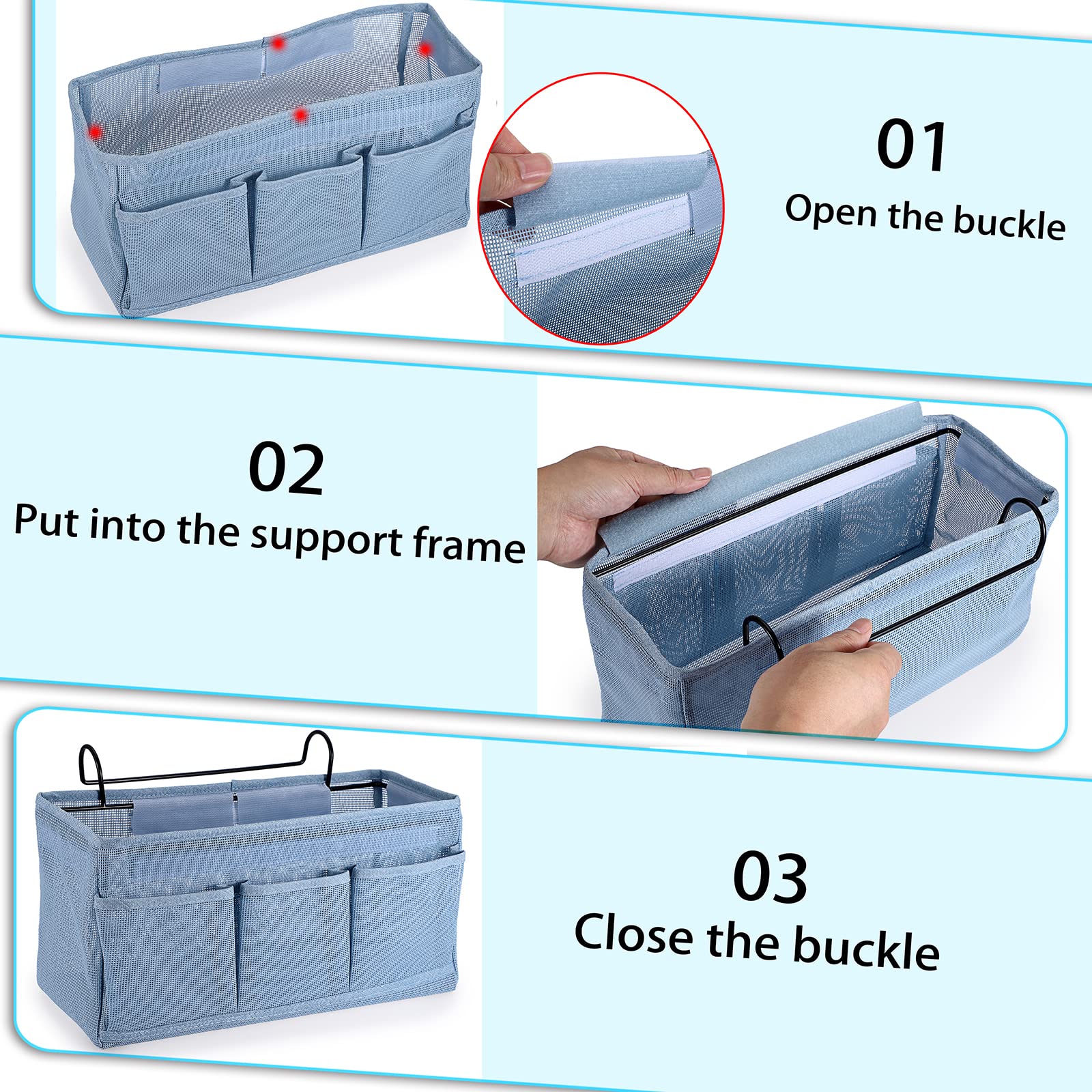 SUMTree Organisateur de chevet suspendu 4 poches sac de Rangement de chevet en filet panier de lit et crochet pour serviette, téléphone, stylos, télécommande (bleu)