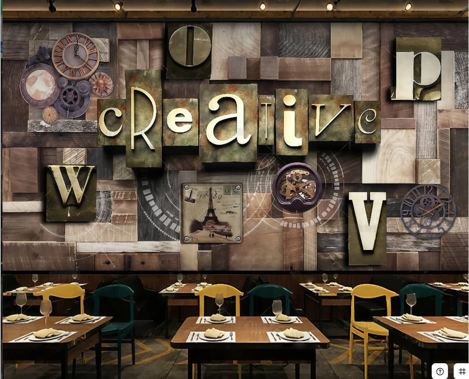 Tapeta retro drewniana deska trójwymiarowy metalowy zegar litery bar sklep z napojami zachodnia restauracja tło fototapeta popołudniowa herbata kawiarnia tapeta 3D, 250 x 175 cm