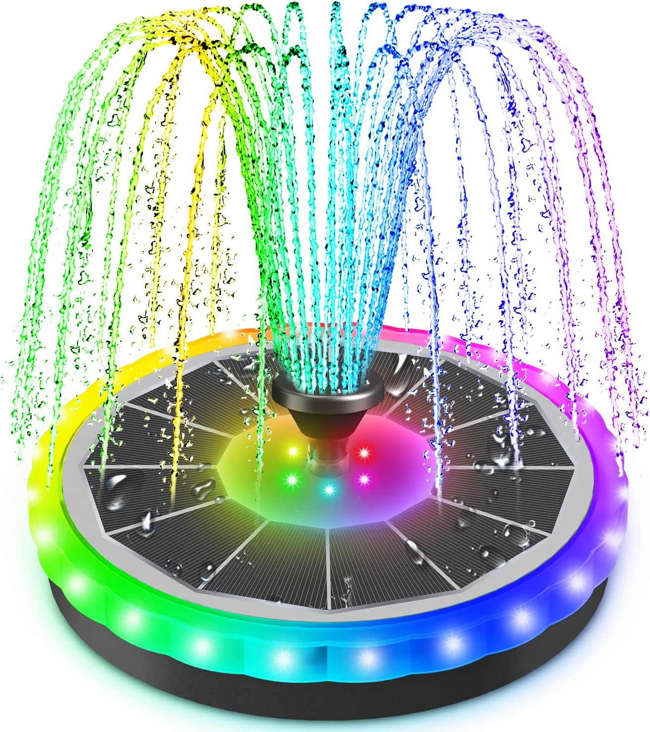 SZMP Solar Water Fountain for Bird Bath, Solar Powered Fountains Pump with Upgraded Auto Cycle Colorful Lights 4 Fixed Pipes 7 Nozzles, Solar Bird Bath Fountains for Garden Patio Outdoor Play