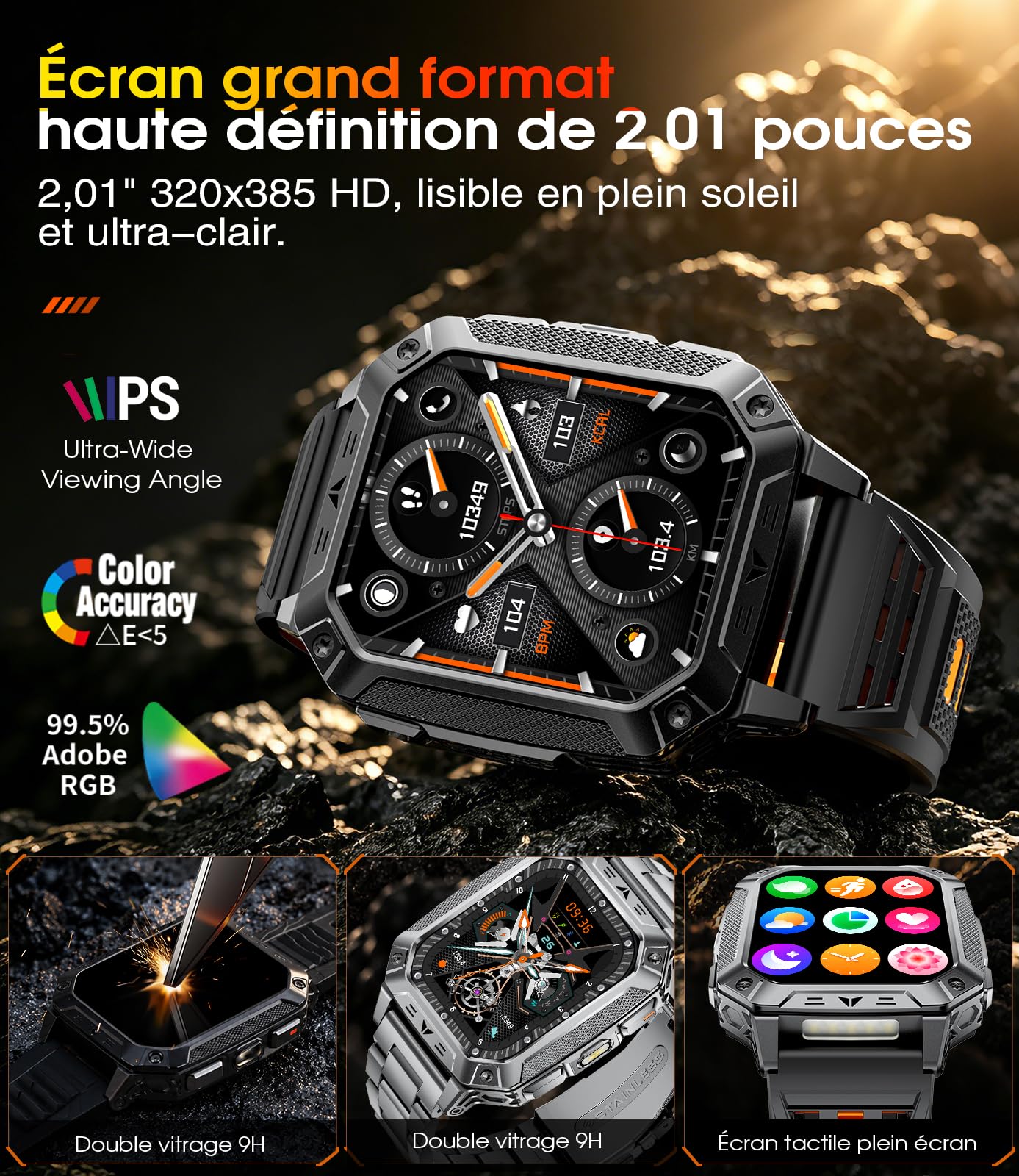 Montre Connectée Homme 1400mAh, 2.01'' Smartwatch avec LED Lampe, 110+ Modes Sportifs, Étanchéité IP68, Appels Bluetooth Smartwatch Militaire, Surveillance Cardiaque 24H,Sommeil, SpO2, Android/iOS