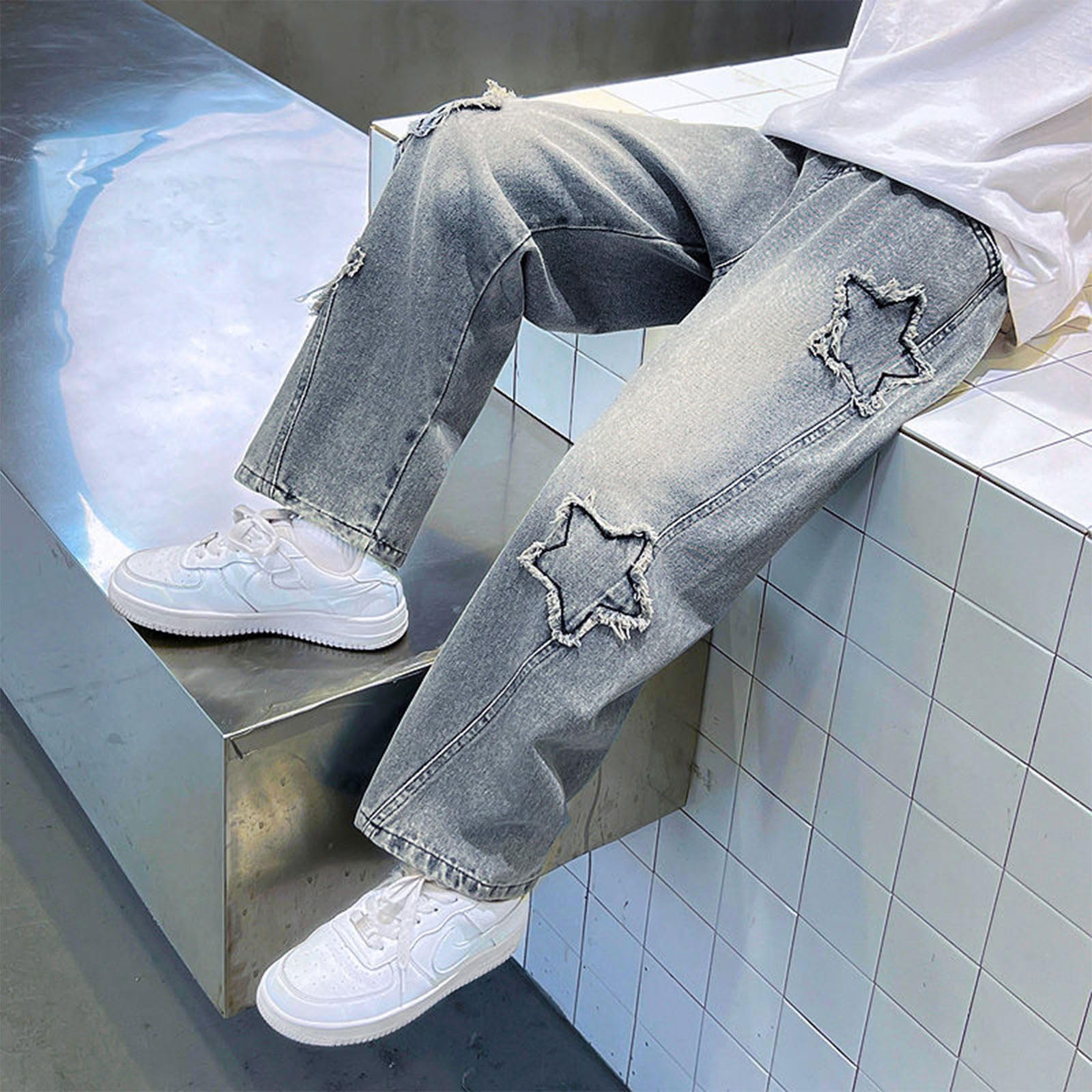 Lindos pantalones de mezclilla holgados con diseño de estrella, cintura elástica, pantalones de mezclilla rectos de pierna ancha para adolescentes de 8 a 14 años