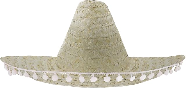WHOLESALE MEXICAN SOMBREROS IN NATURAL WITH WHITE POM POM EDGING PERFECT FOR ANY MEXICO SOMBRERO FANCY DRESS PARTY FOR MEN AND WOMEN - 1X SOMBRERO