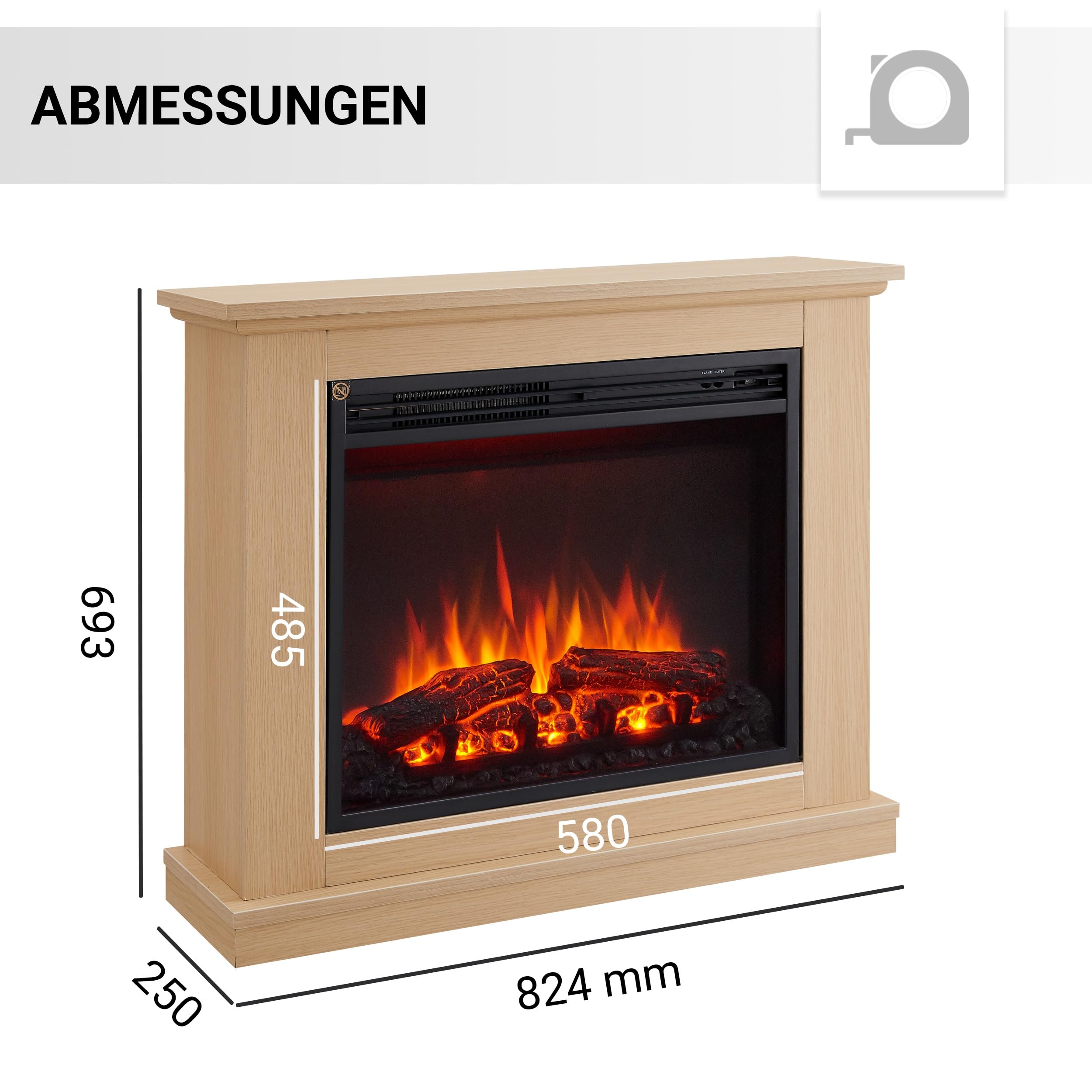 BALDERIA Phanos Elektrokamin - Elektrischer Standkamin mit Heizung 1000/2000 W, realistischer 3D-Flammeneffekt, Fernbedienung programmierbar, Timer, Thermostat - Weiß (Helle Eiche)