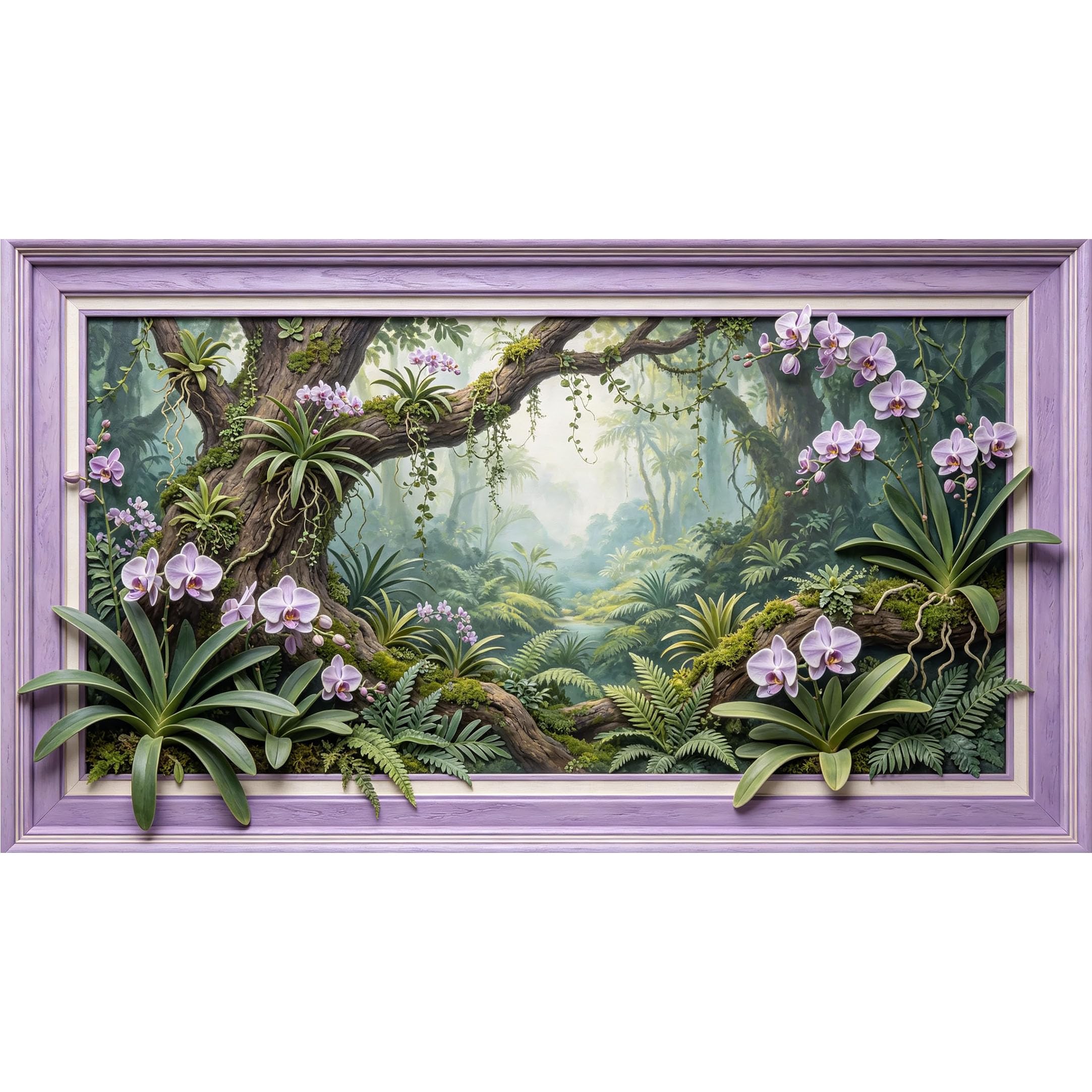 QZLITHOTIC 50×90cm3D Framed Wall Art， Tropical Orchid Botanical Jungle Mural， Water?Activated Peel & Stick Fabric Decor Wall Decal for Bedroom Living Room