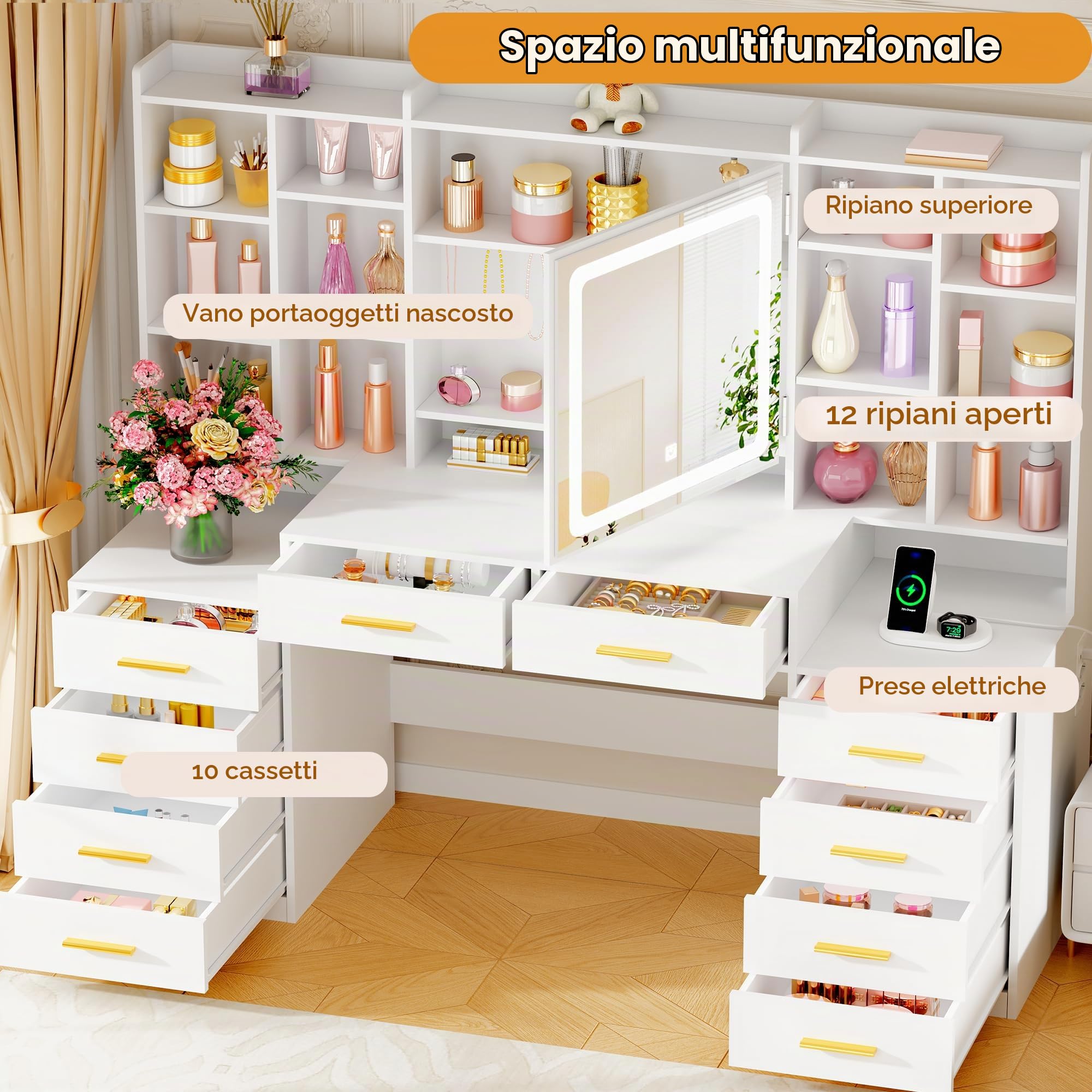 ANWBROAD 150cm Toeletta da Trucco con Specchio e Luci LED Ripiani nascosti