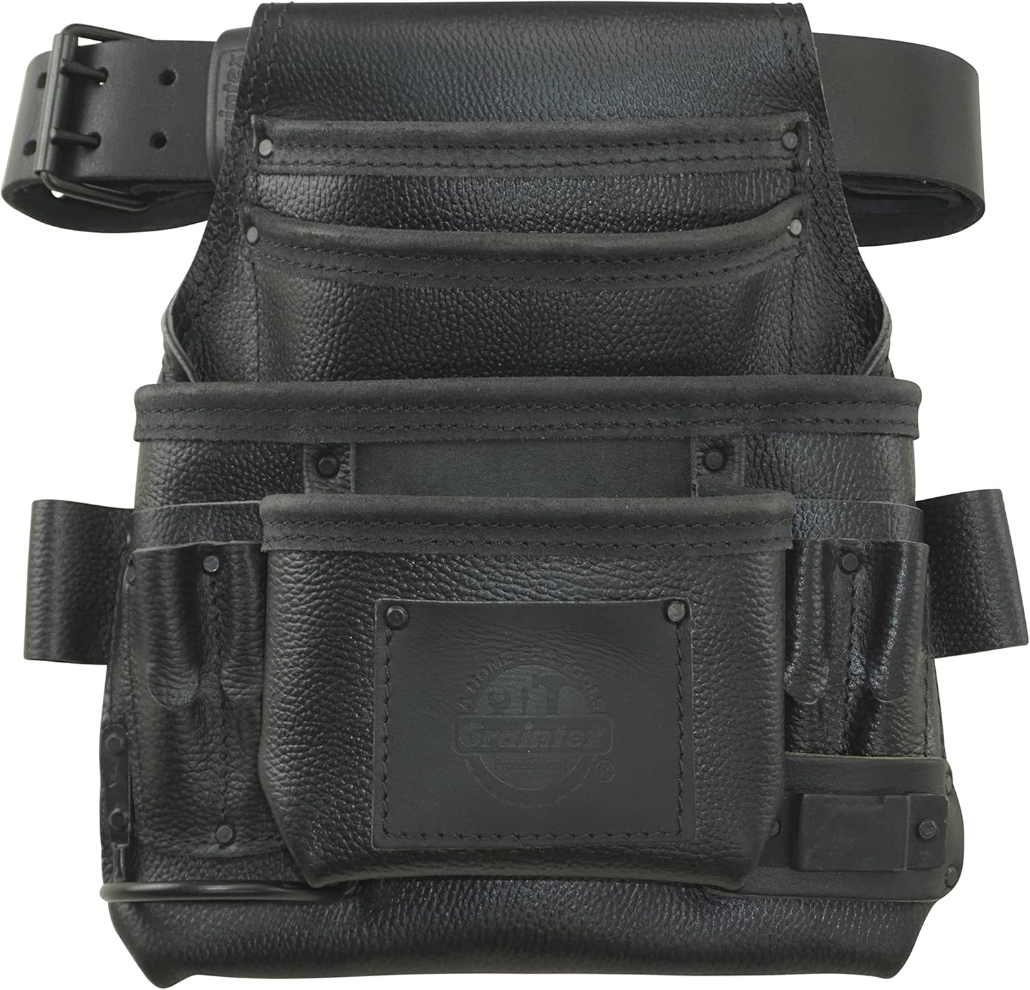 Graintex ST2880 :: 10 Pocket Nail & Tool Pouch Rugged Black Color Top Grain Leather with 2” Leather Belt for Framers, Constructors, Electricians, Plumbers, Handyman