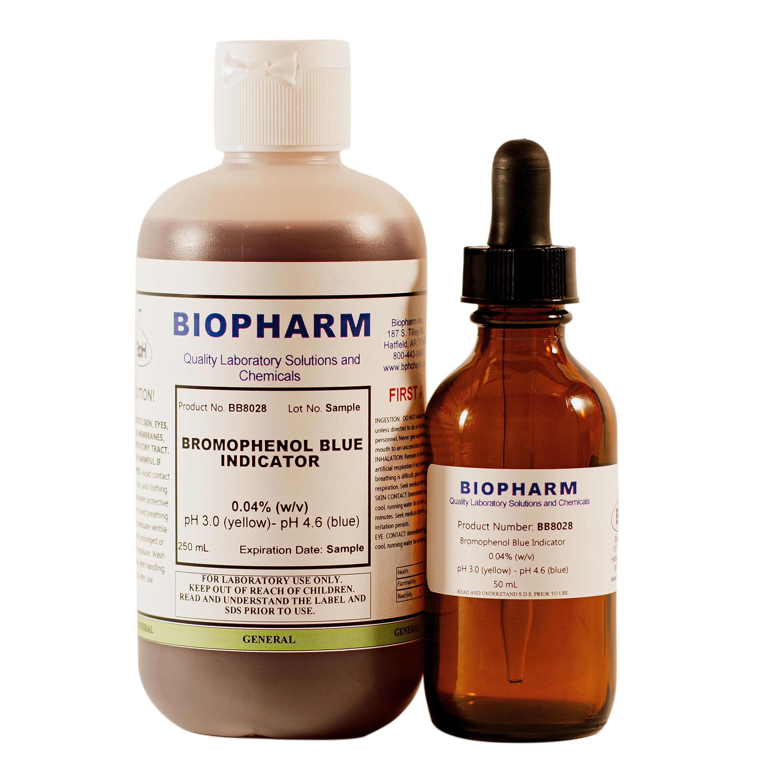 BiopharmBromophenol Blue Indicator 0.04% Aqueous Solution | 250 mL | Includes a 50 mL Empty Dropper Bottle and Dispensing Cap | pH 3.0 (Yellow) - pH 4.6 (Blue)
